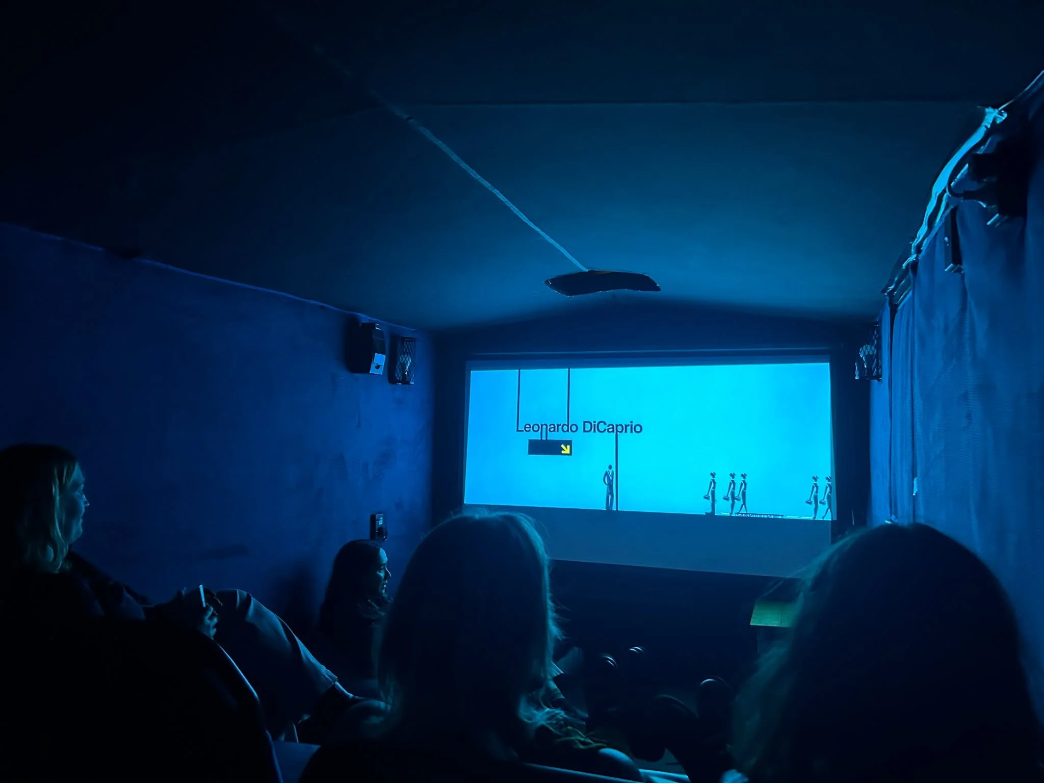 Group of people seated in a dark room watching a presentation or movie projected on a screen displaying 'Leonardo DiCaprio' at the bottom.