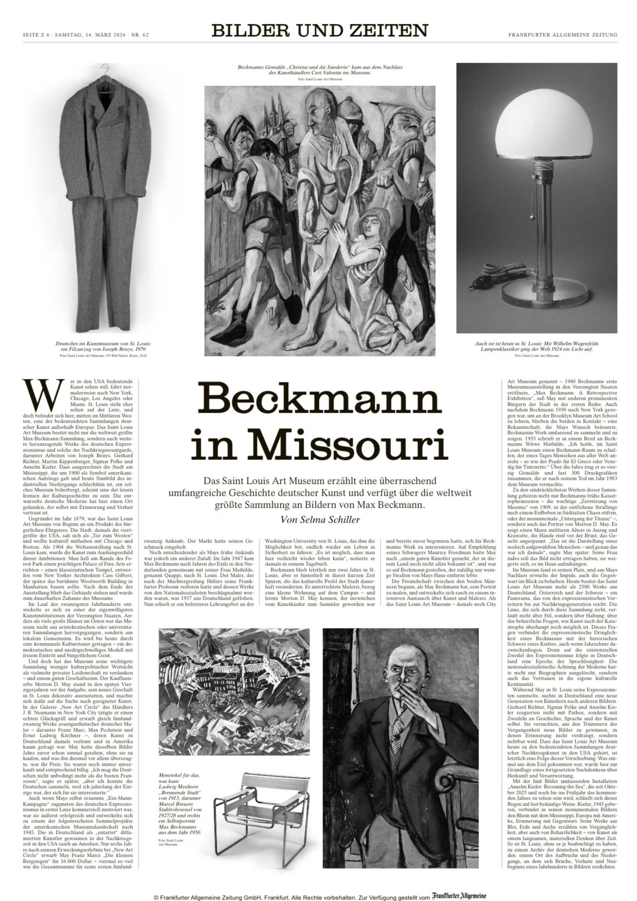 Ein Zeitungsartikel über den Künstler Max Beckmann mit Bildern und Kunstwerken, darunter ein Gemälde, eine Skulptur, ein stilisiertes Haus und ein Porträt.