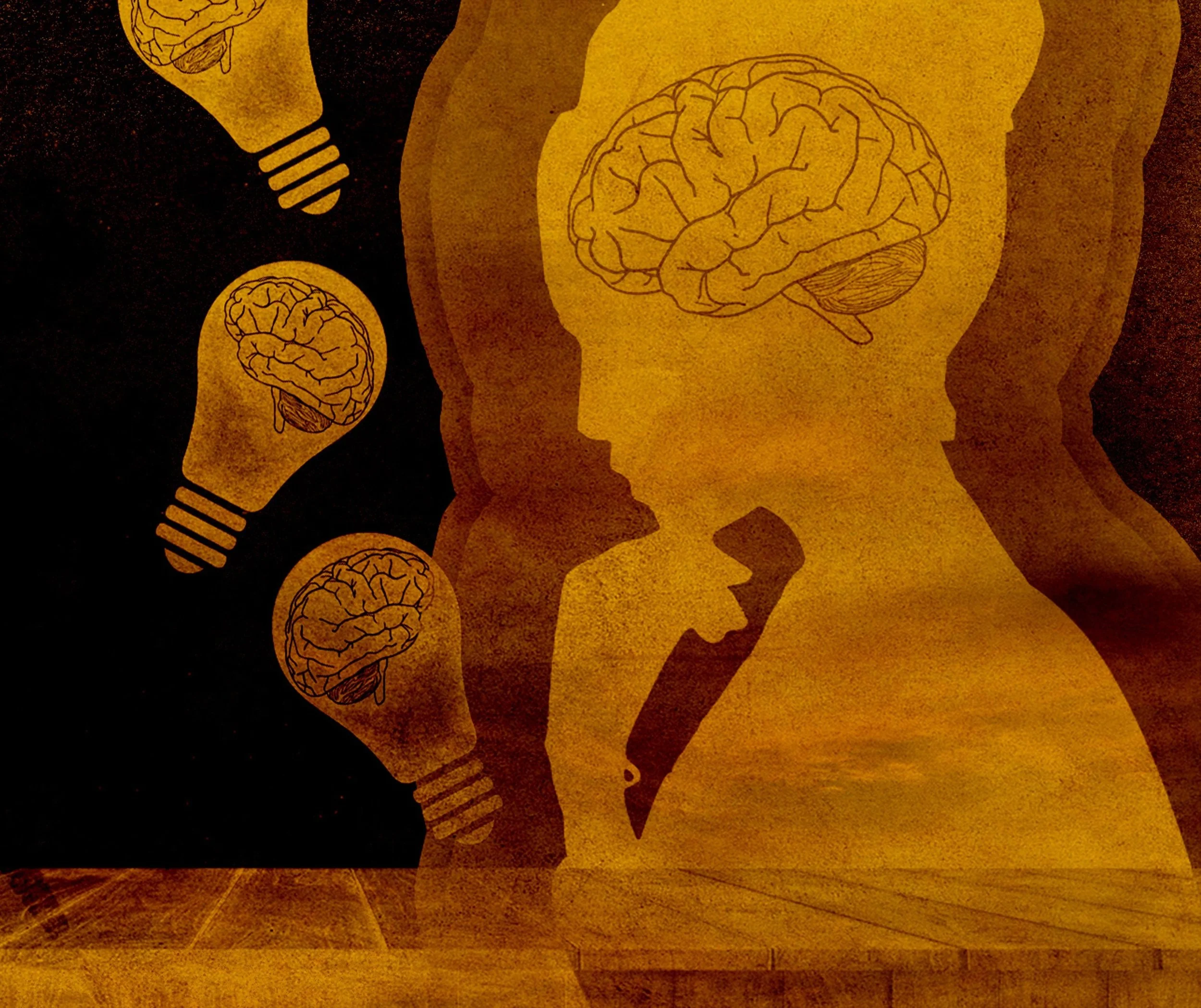 Illustration of human brains and lightbulbs within the silhouette of a person's head, symbolizing ideas and intelligence.