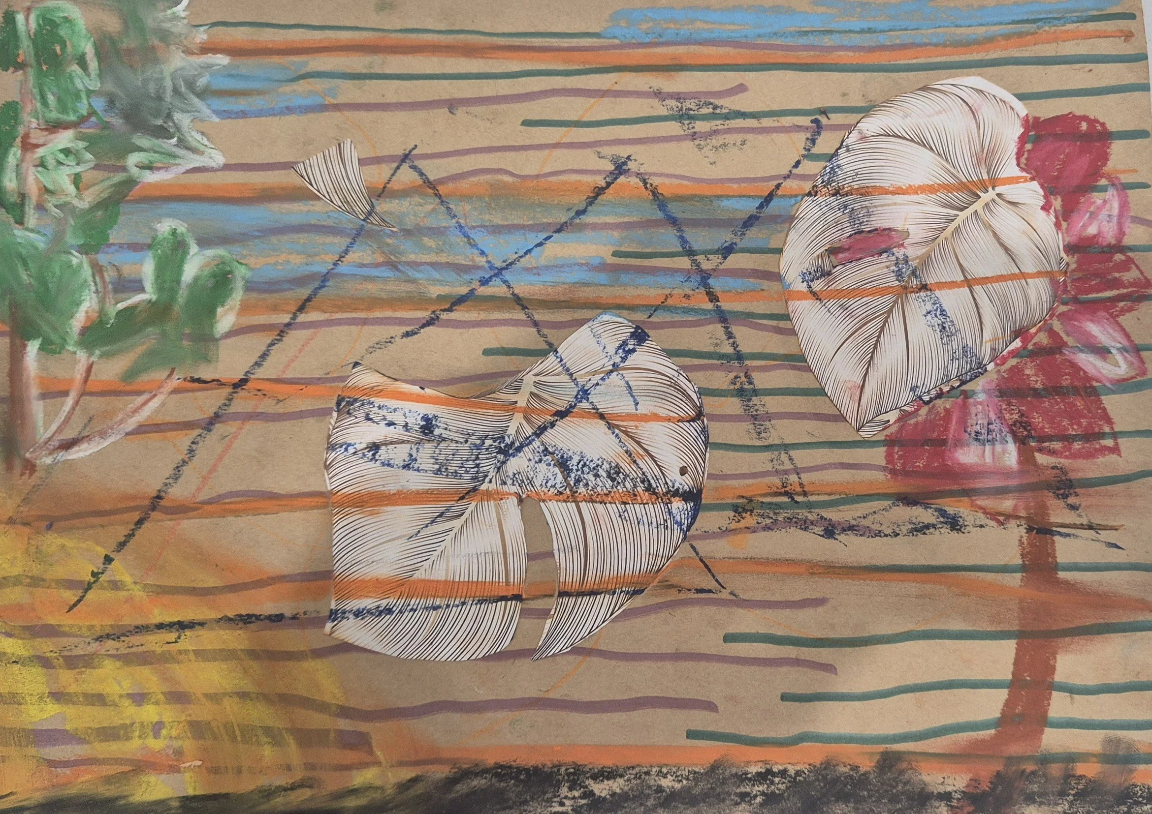 Abstract mixed media artwork featuring painted and cut-out paper elements, with colored lines, brushstrokes, and textured shapes on a brown background.