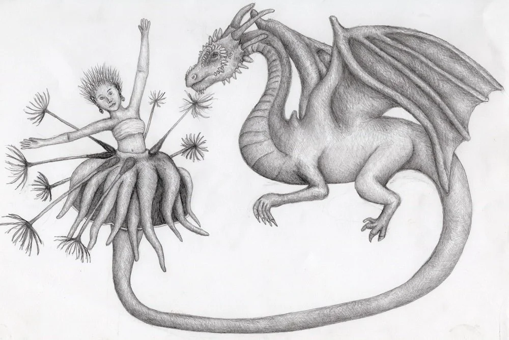 "Dragon, Dandelion and Dancer, circa 2015.
Pencil on A4 paper.
Artist's collection.