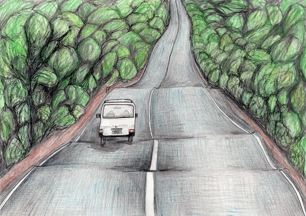 "Rural driving", 2017.
Pencil and ink pen on A4 paper.
Concept Art (1 of 12) for Australian film 'In Place of Grace'.  