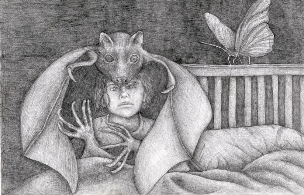 "Bed, Bat, Boy and Butterfly", 2015.
Pencil on A4 paper.
Artist's collection.