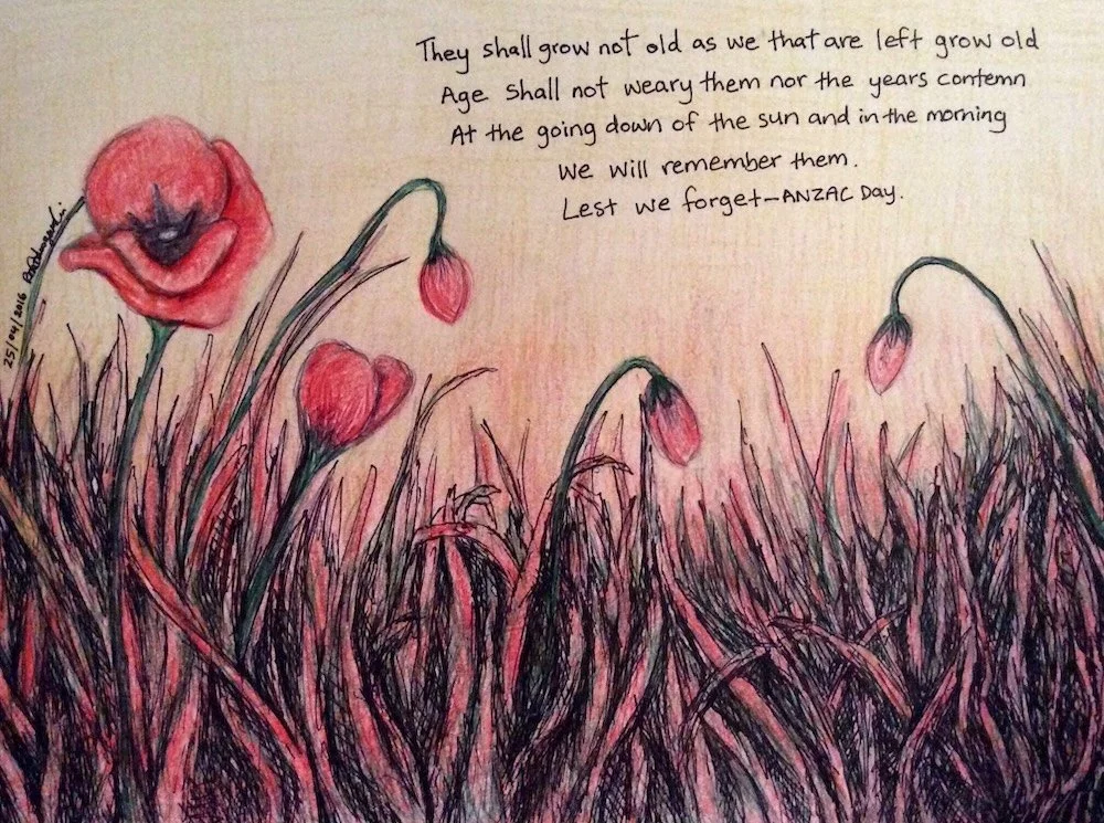 "Lest we forget - ANZAC Day", 2016.
Pencil on A4 paper.
Private collection.