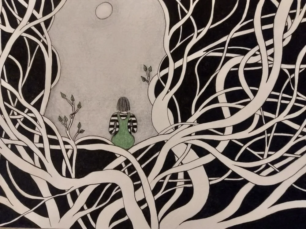 "Ponder", 2025. Pencil and ink pen on A4 paper. 
Artist's collection.
Inspired by a peaceful moment in my busy mind.