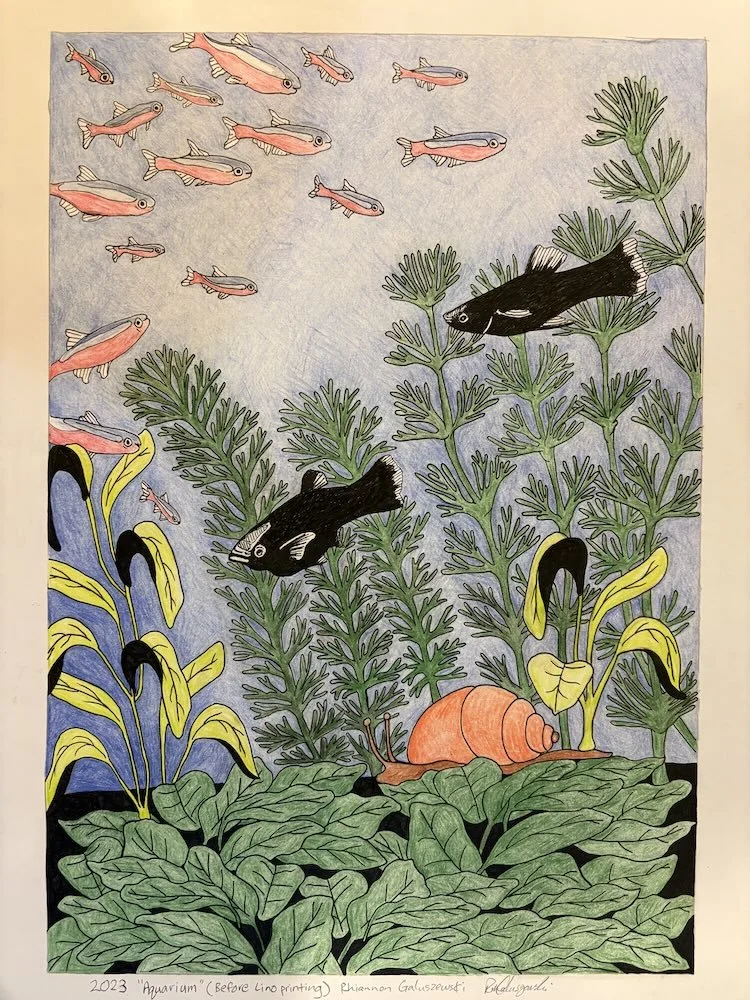 "Aquarium", 2023. Pre-lino drawing.
Pencil and ink pen on A3 paper. 
Artist's collection.