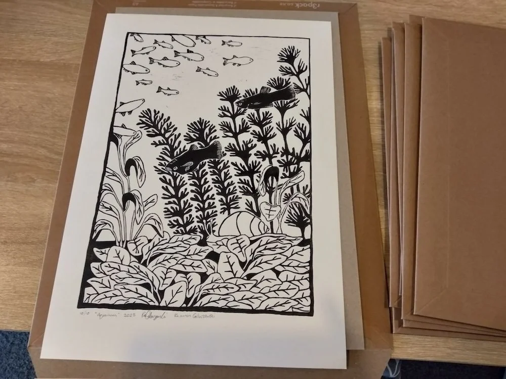 "Aquarium" 2023. Lino on A3 paper. 
Limited edition prints of 10 donated to top donors of fundraiser for Create for Dementia.