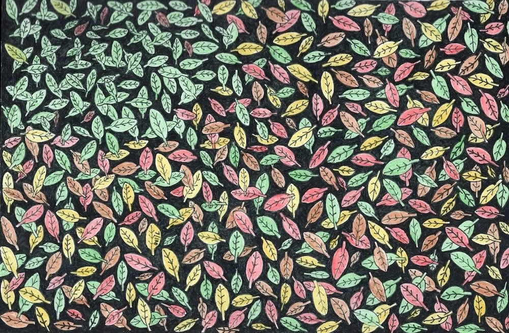 "Autumn leaves", 2025.
Pencil and ink pen in an A5 notebook.
Artist's collection.