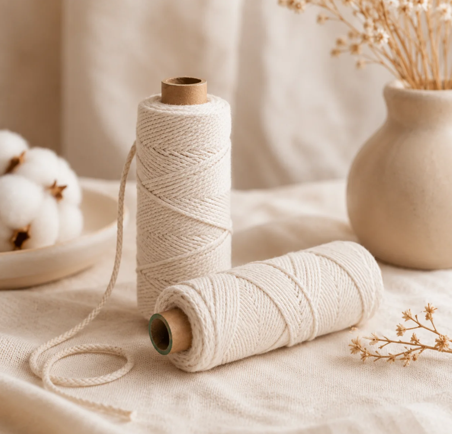 Two spools of candle wicking on a fabric surface, with a vase of dried flowers and cotton sprigs in the background.
