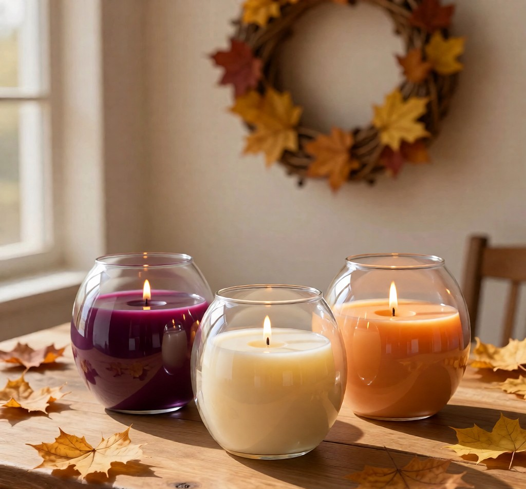 Three scented candles set on a table decorated with fall leaves and colors.