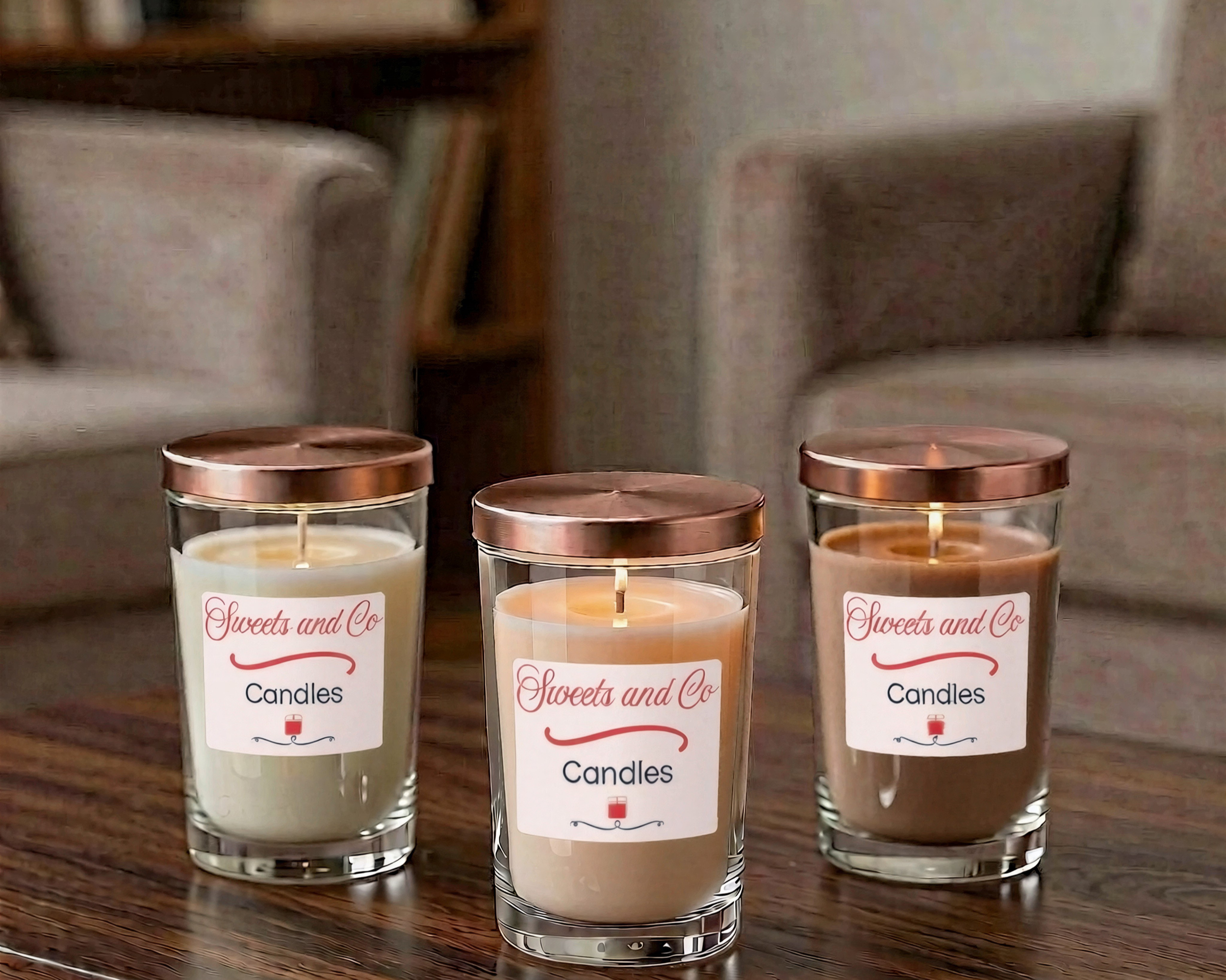 Three glass jars labeled 'Sweets and Co. Candles' with candles inside, lined up on a wooden surface against a plain background.