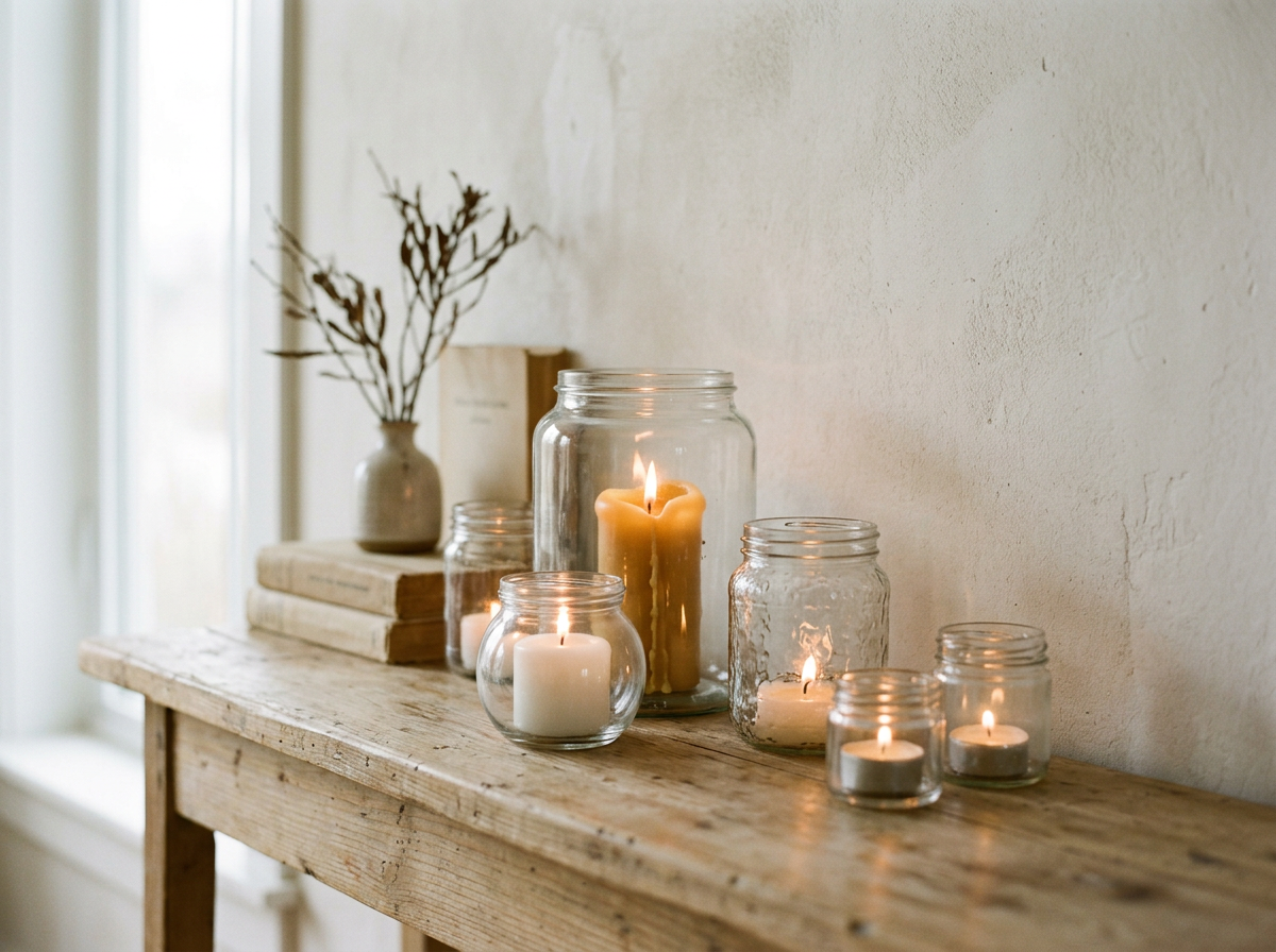 Various candles of different sizes in glass jars on a rustic wooden table, with a small white vase holding dried branches, and two books stacked beside the vase.