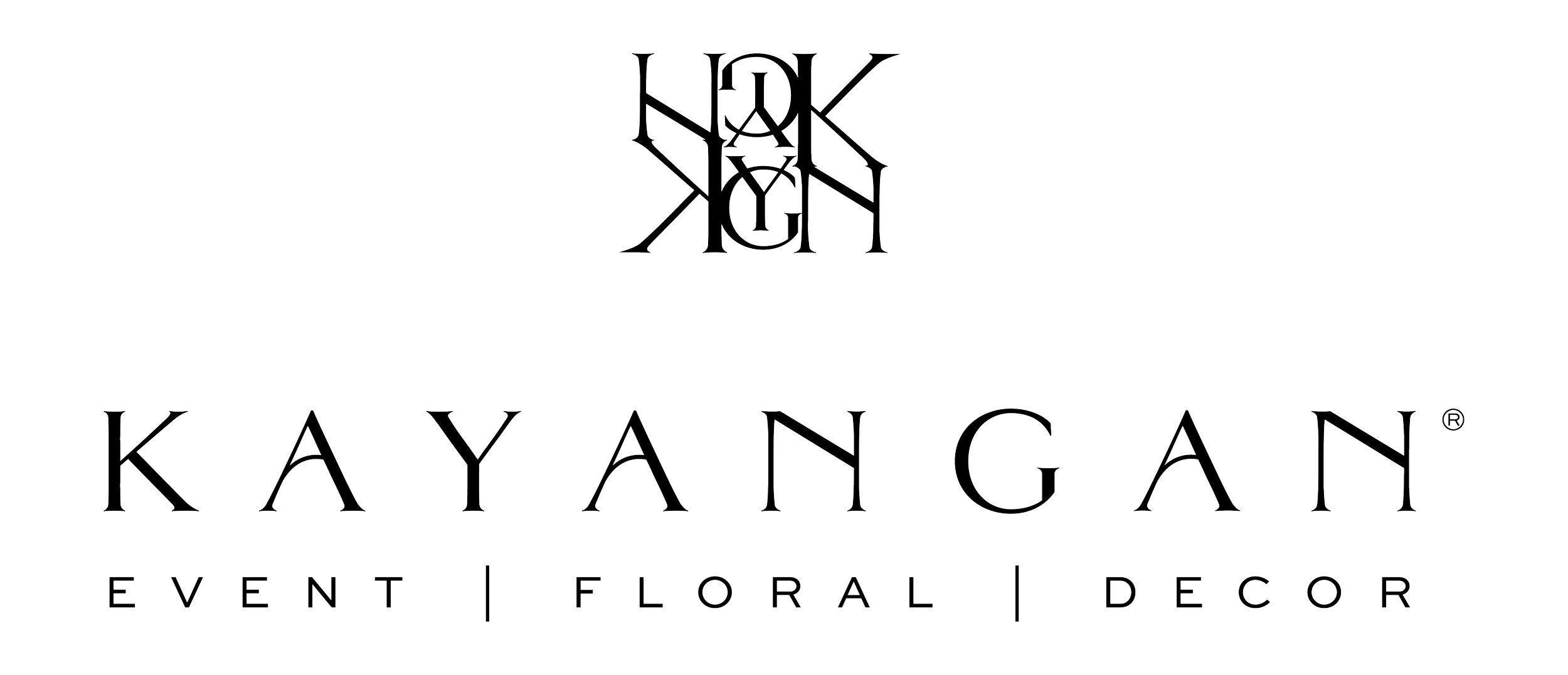 KayyanGat logo with stylized text and decorative design, indicating event, floral, and decor services. Black background and white text