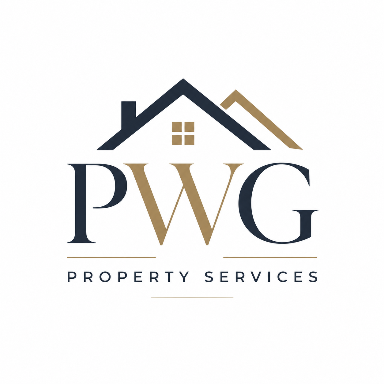 Logo for PWC Property Services featuring a stylized house with black and gold rooflines and the initials 'PWC' with 'Property Services' written below.