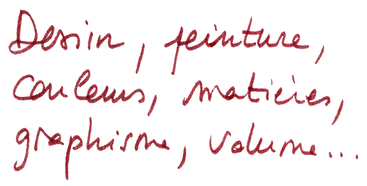 Texte manuscrit en français qui dit : "Dessin, peinture, couleur, matières, graphisme, volume..."