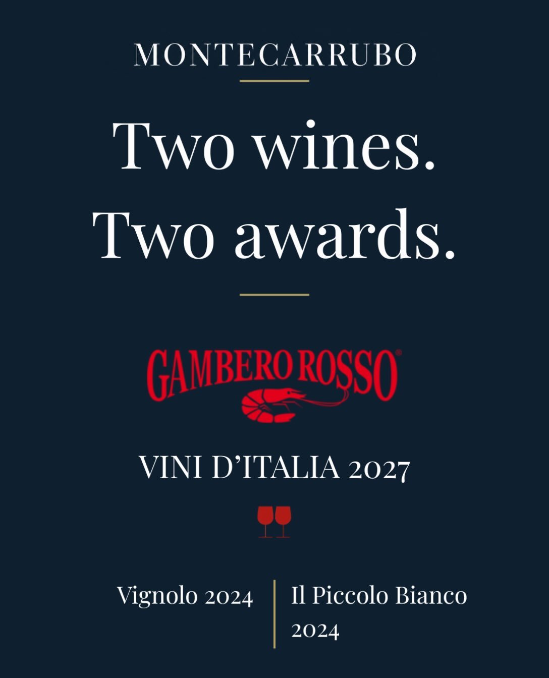 Gambero Rosso Vini d&rsquo;Italia 2027: Two &ldquo;Due Bicchieri Rossi&rdquo; for Montecarrubo 🍷🍷

We are delighted to share that Vignolo 2024 and Il Piccolo Bianco 2024 reached the final stage of the tastings for @gambero_rosso Vini d&rsquo;Italia