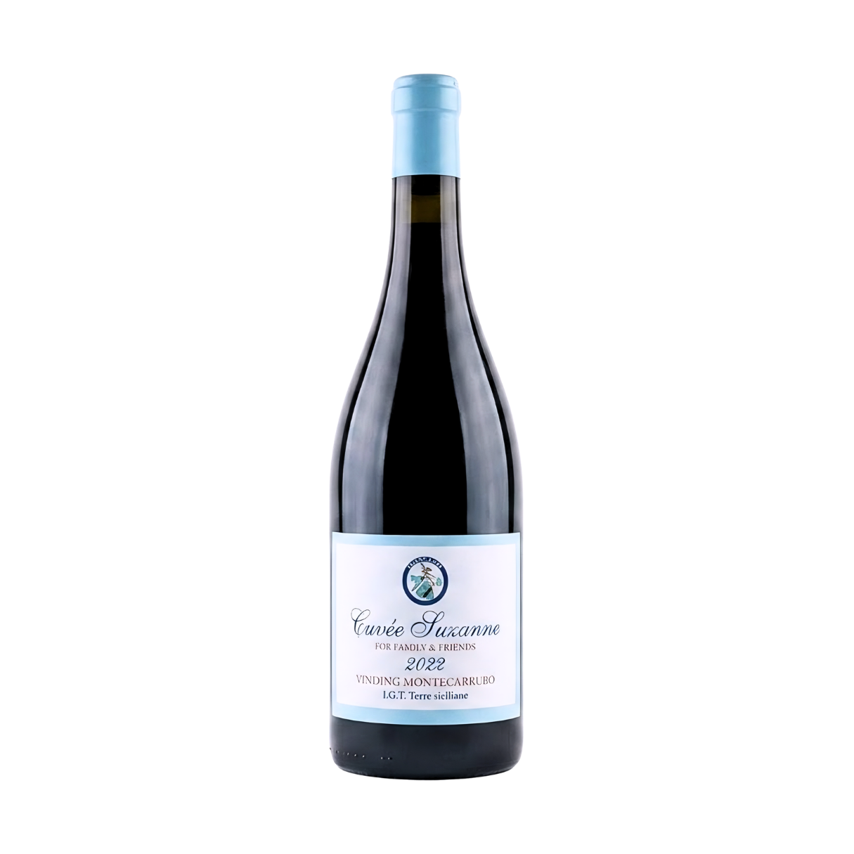 A bottle of red wine with a light blue capsule and a white label with text and a small logo.