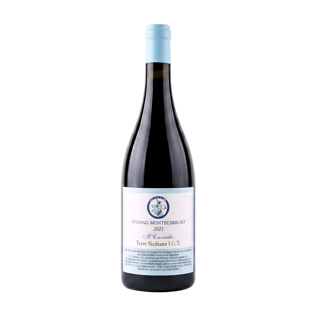 Bottle of wine with a light blue capsule and a white label.