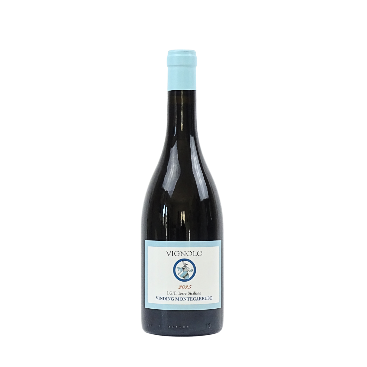 A bottle of Vignolo red wine with a light blue cap and label on a black background.