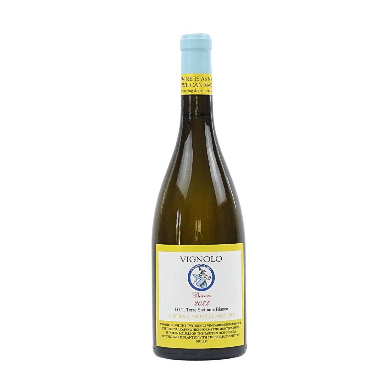 A bottle of Vignolo Bianco 2022 white wine with a light blue foil cap and a yellow and white label.
