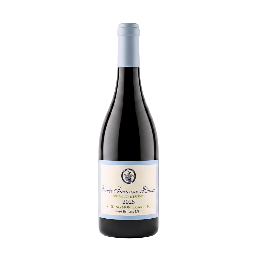 A dark glass wine bottle with a silver capsule and a white label, referencing Cuvee Suzanne Bianco, vintage 2025, from Vinding Montecarubo, Terre Siciliane.