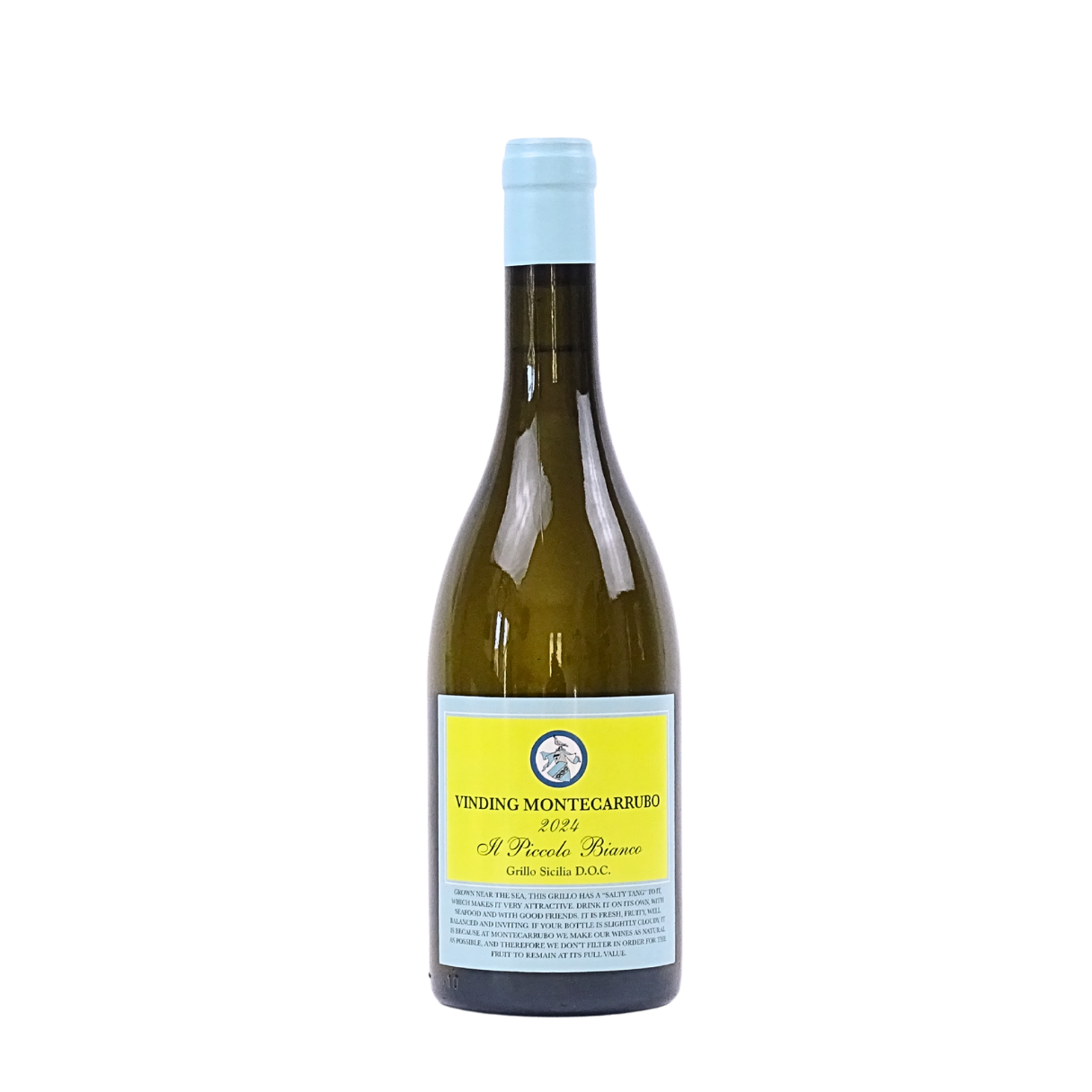 A bottle of white wine labeled 'Vinding Montecarubo 2024 Il Piccolo Bianco Grillo Sicilia D.O.C.'