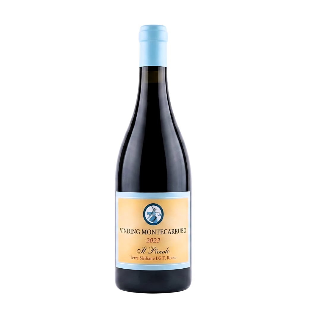 A bottle of Vinding Montecarrubo 2023 wine with a black body, light blue cap, and a label with a logo and Italian text.