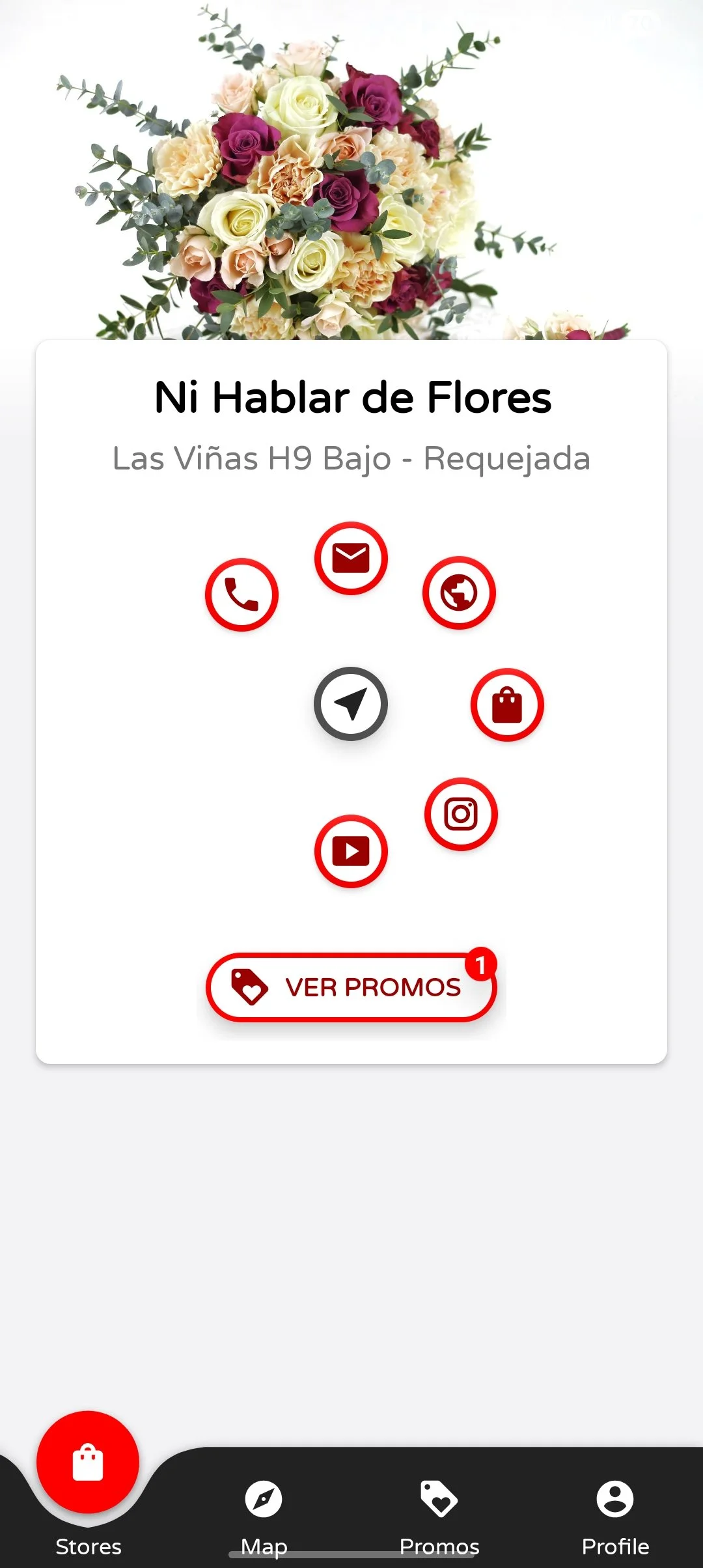 Interfaz de una aplicación de compra de flores con fondo de un ramo de flores variadas, con botones para llamadas, mensajes, redes sociales, bolsa y promociones, y un menú inferior con opciones de tiendas, mapa, promociones y perfil.
