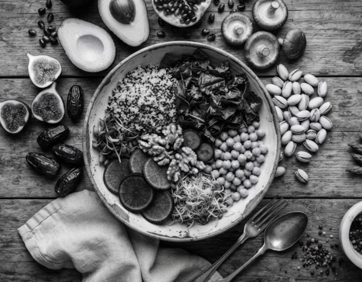 Black and white photo of a large salad bowl filled with various vegetables and grains on a wooden table surrounded by avocado slices, figs, dates, mushrooms, pistachios, and a spoon and fork.
