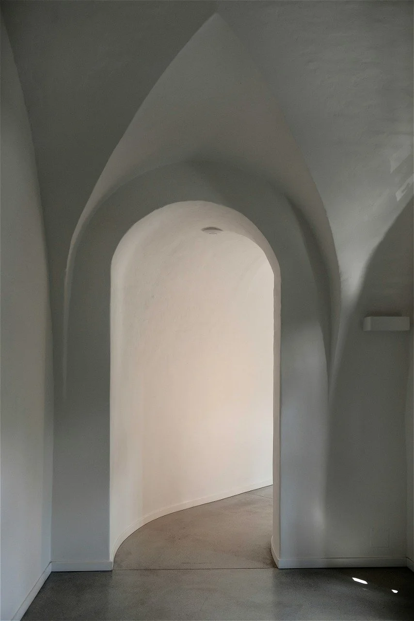 Interior view of a minimalist, modern hallway with arched doorways and curved walls, featuring neutral colors and smooth textures.