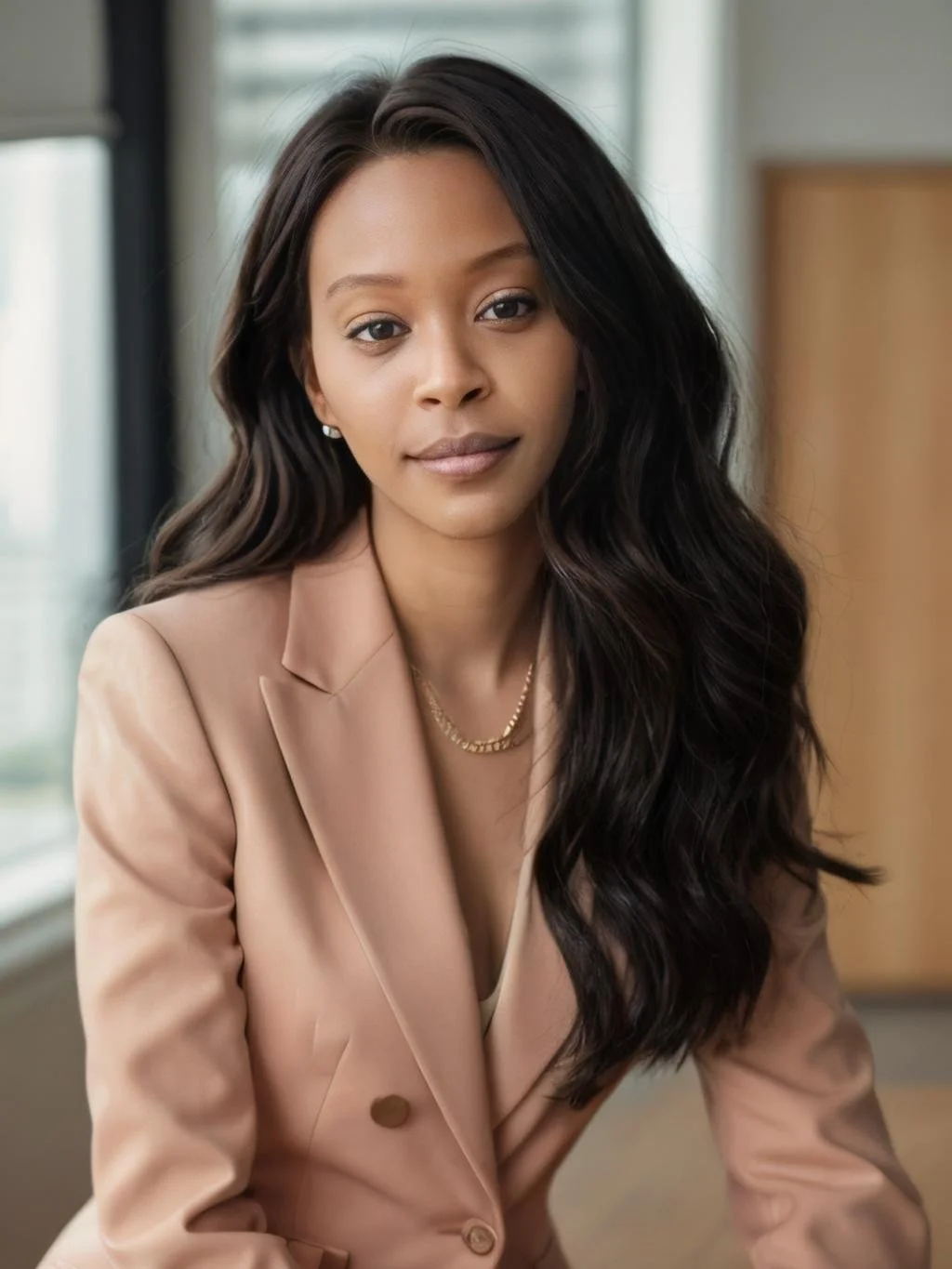 A young woman with long wavy black hair, wearing a beige blazer and a gold necklace, sitting in an indoor setting with a window in the background.