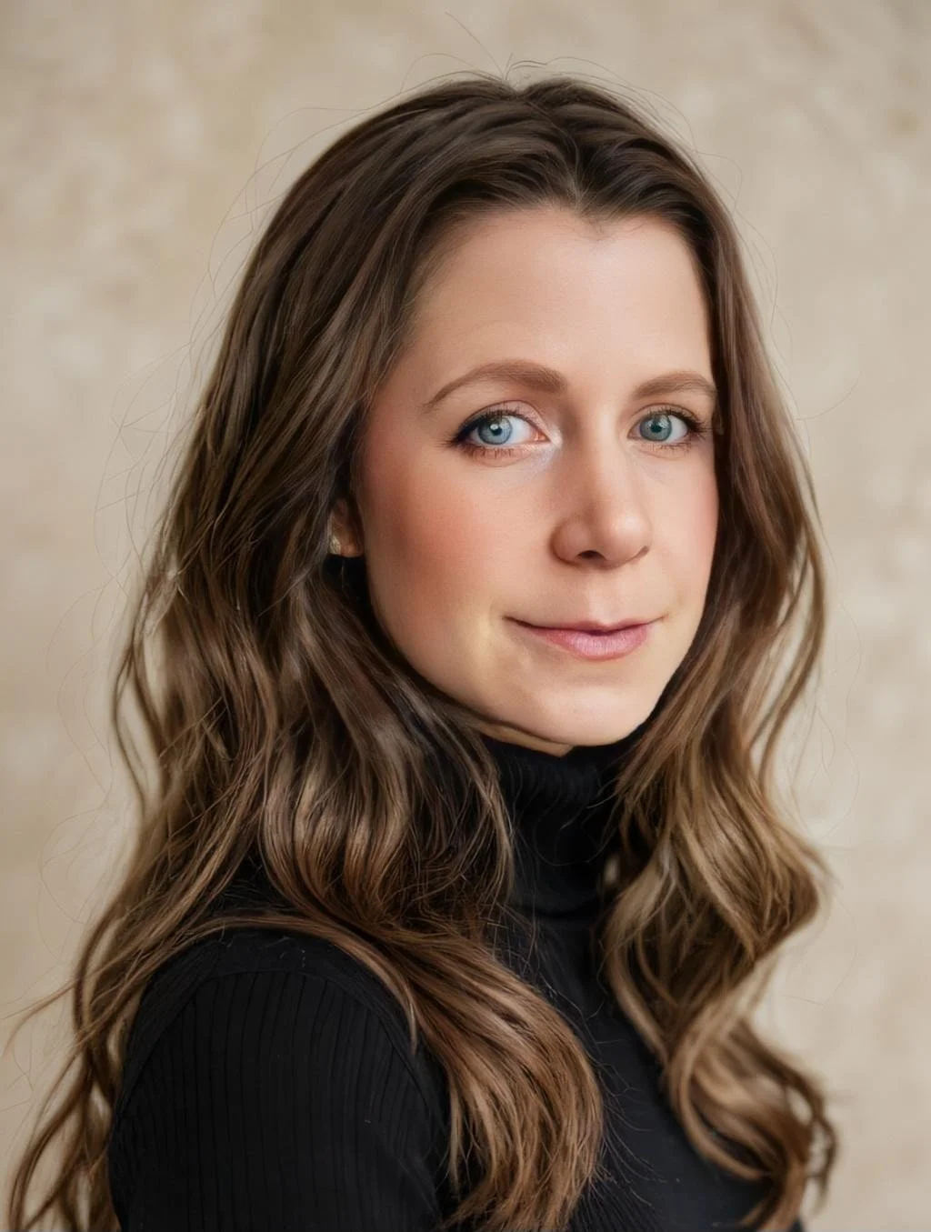 A young woman with long, wavy brown hair and blue eyes, wearing a black turtleneck sweater, looking at the camera with a slight smile against a neutral background.