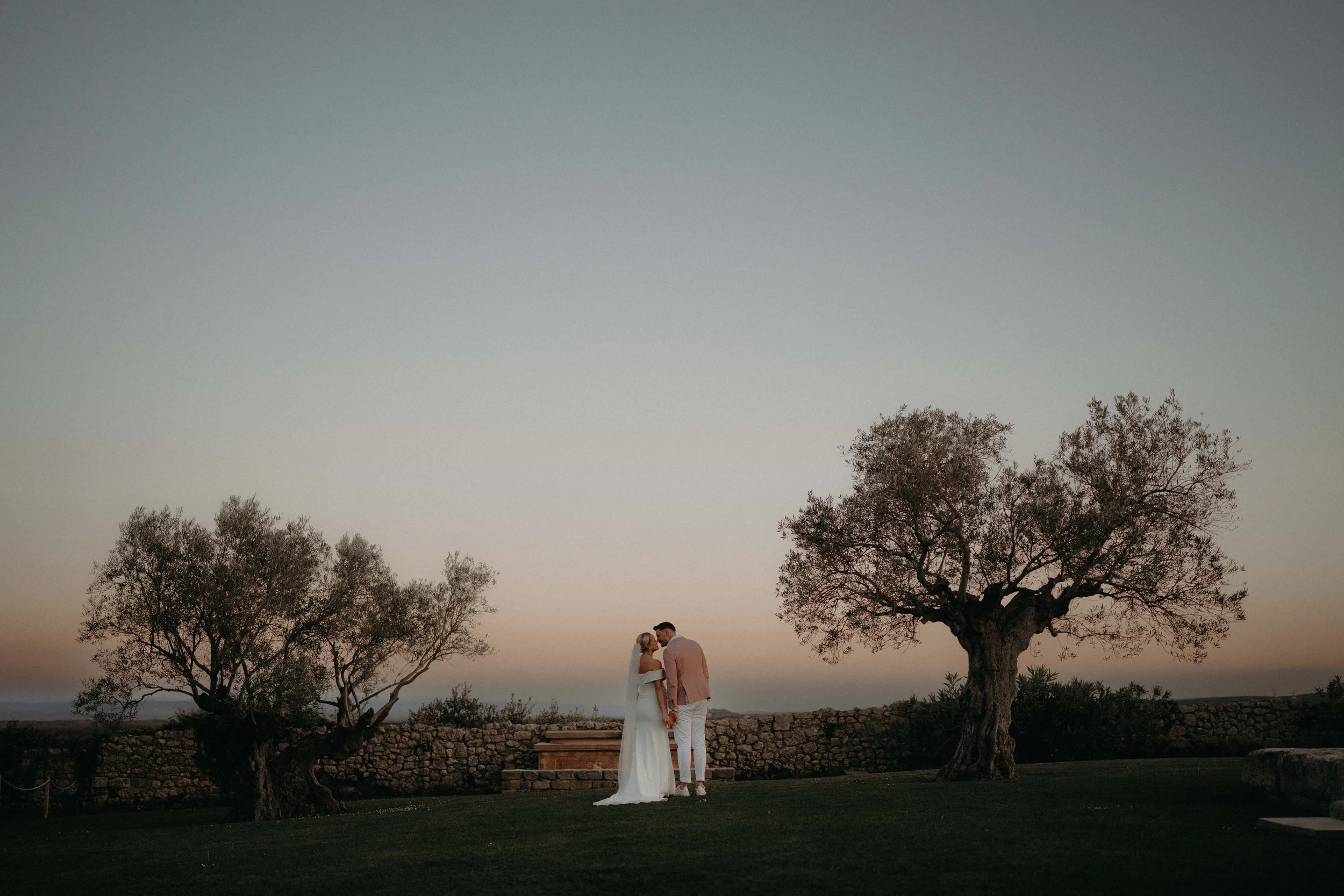 A couple dressed in wedding attire standing close together under a tree at sunset, with a landscape and sky in the background.