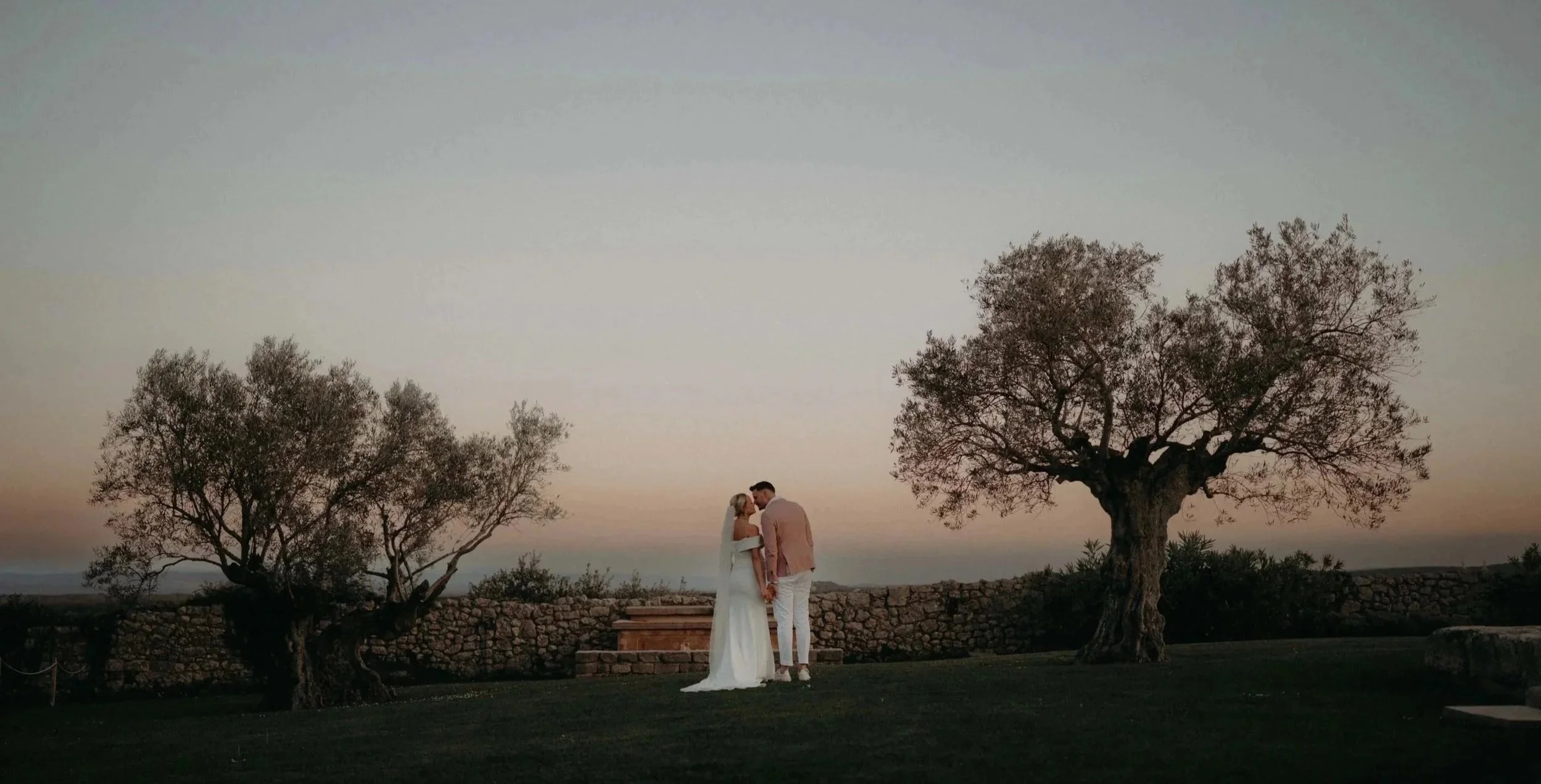 A couple dressed in wedding attire, standing close and holding hands, under trees during sunset or dusk.