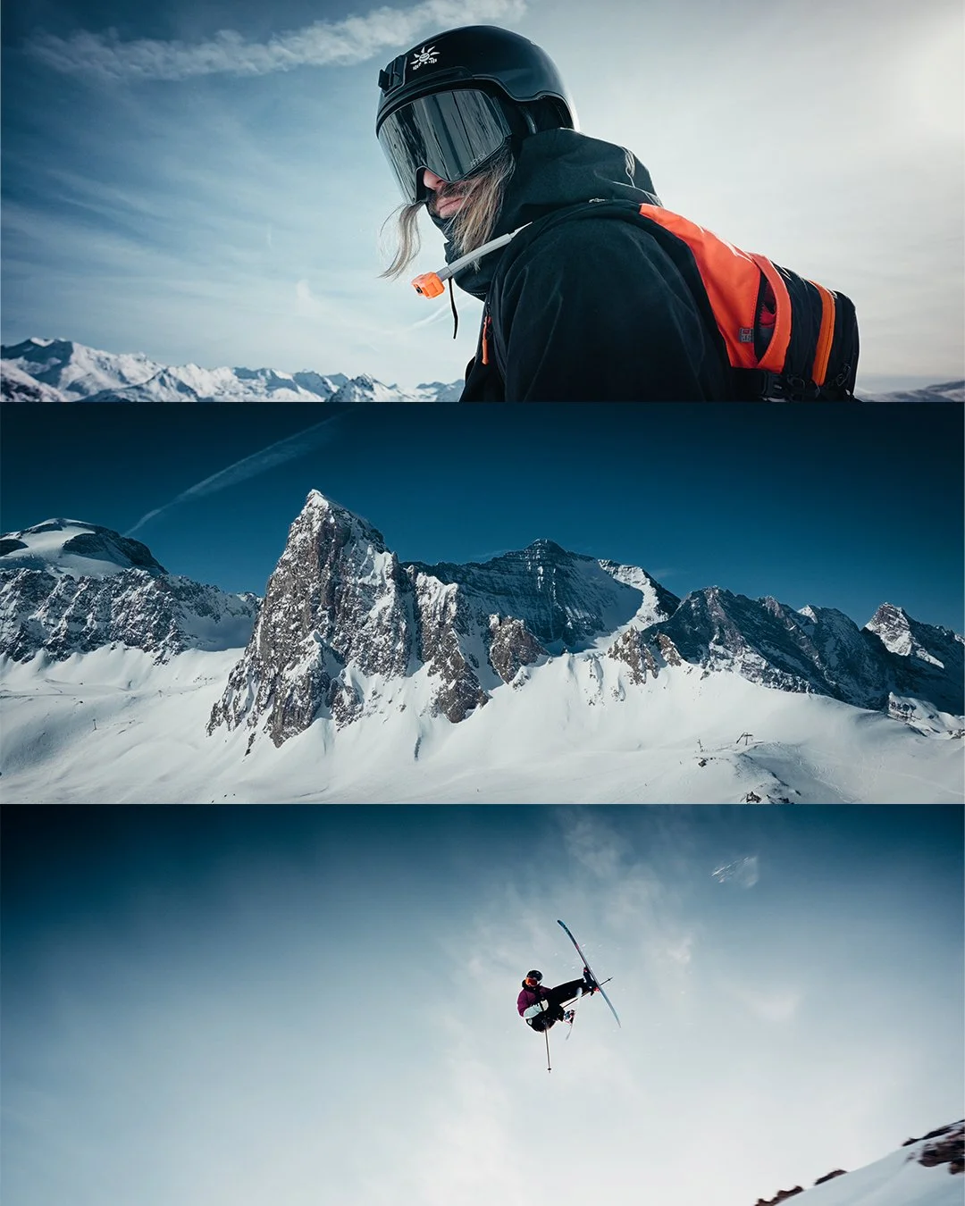 Une personne en casque et lunettes de ski dans un paysage enneigé, des montagnes enneigées spectaculaires, et un skieur effectuant un saut en l'air dans un ciel dégagé.