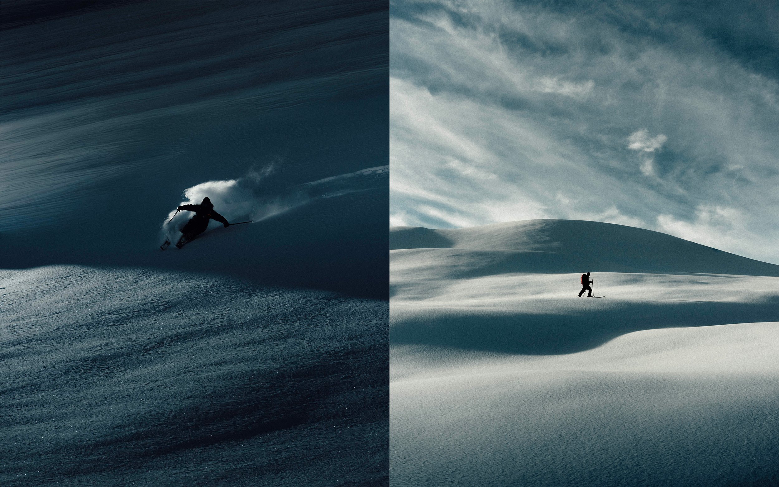 Deux personnes pratiquant le ski dans un paysage enneigé avec un ciel nuageux.