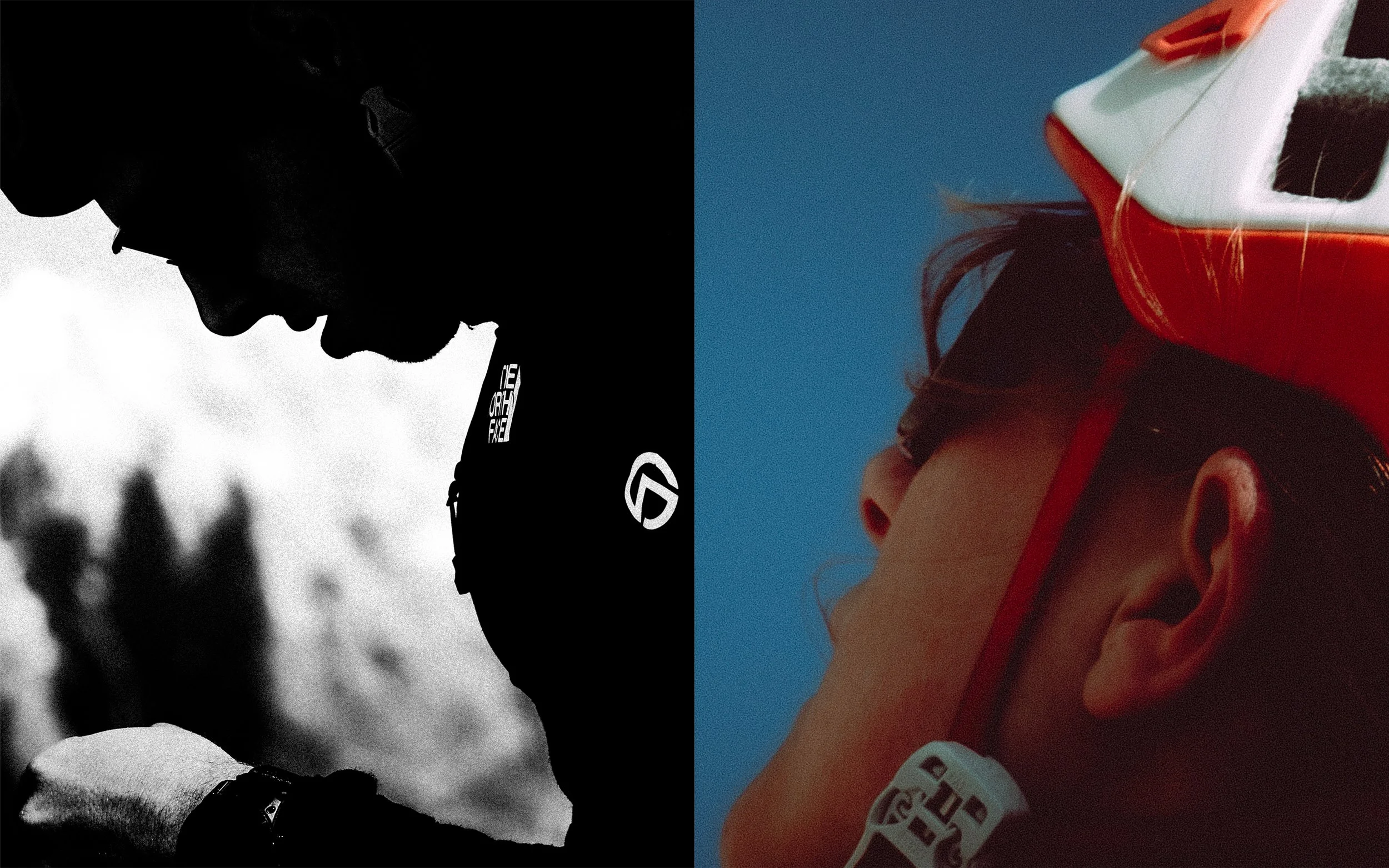 Une image divisée en deux parties : à gauche, un portrait en noir et blanc d'une personne portant un casque et regardant vers le bas, et à droite, une personne portant un casque de vélo rouge, vu de profil avec un ciel bleu en arrière-plan.