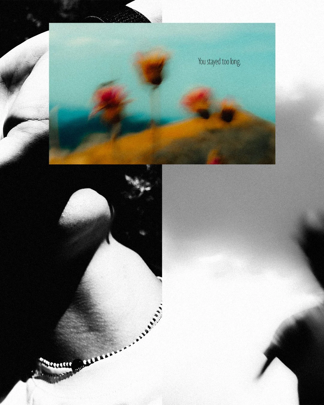 Une image en noir et blanc d'une main tenant délicatement une partie du corps, avec une chaîne en travers. Sur cette image, il y a une superposition floue d'une photo colorée avec des fleurs et une citation qui dit: 'You stayed too long,'.