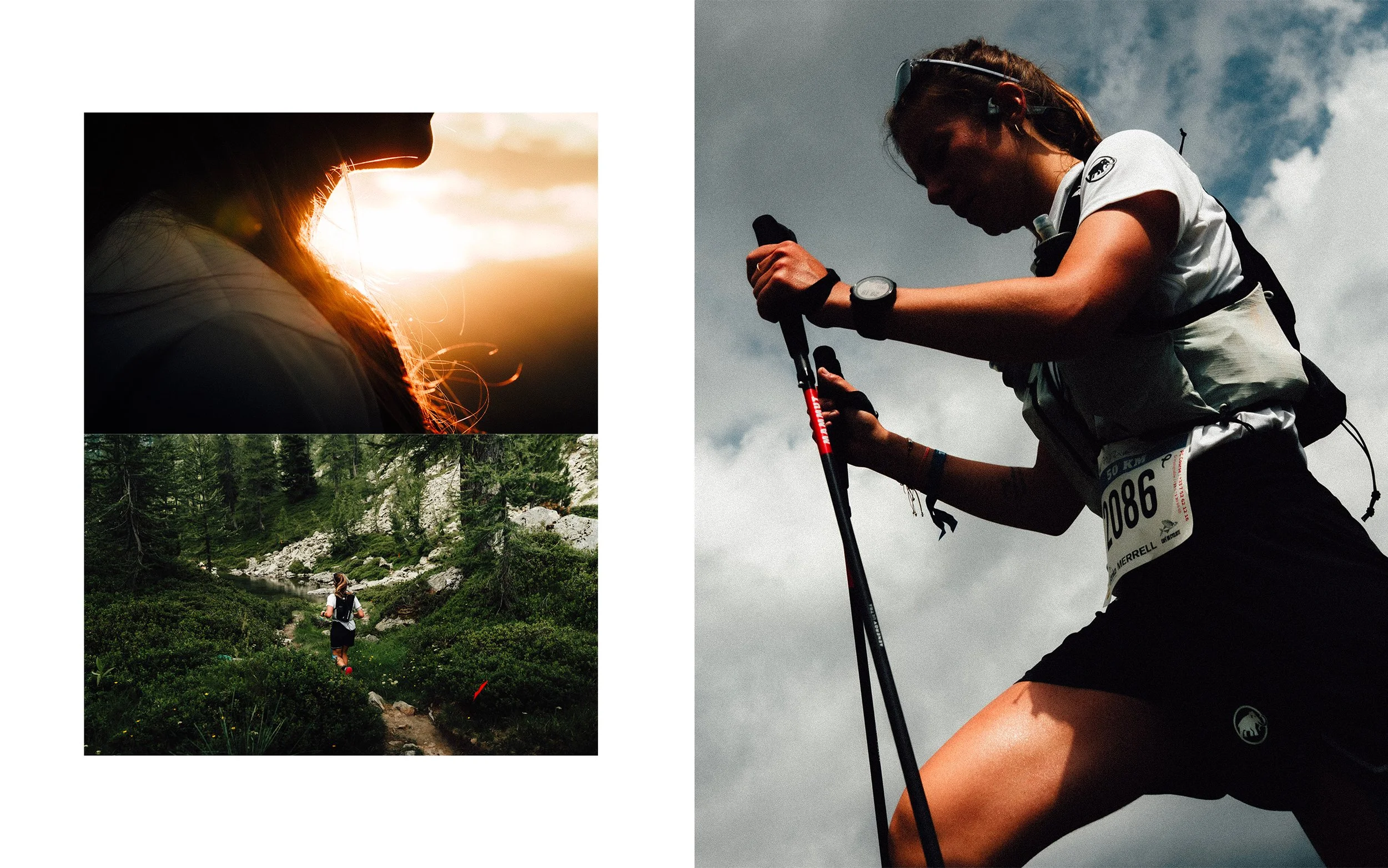 Une femme en tenue de running utilisant des bâtons de marche, en pleine nature avec un ciel partiellement nuageux.