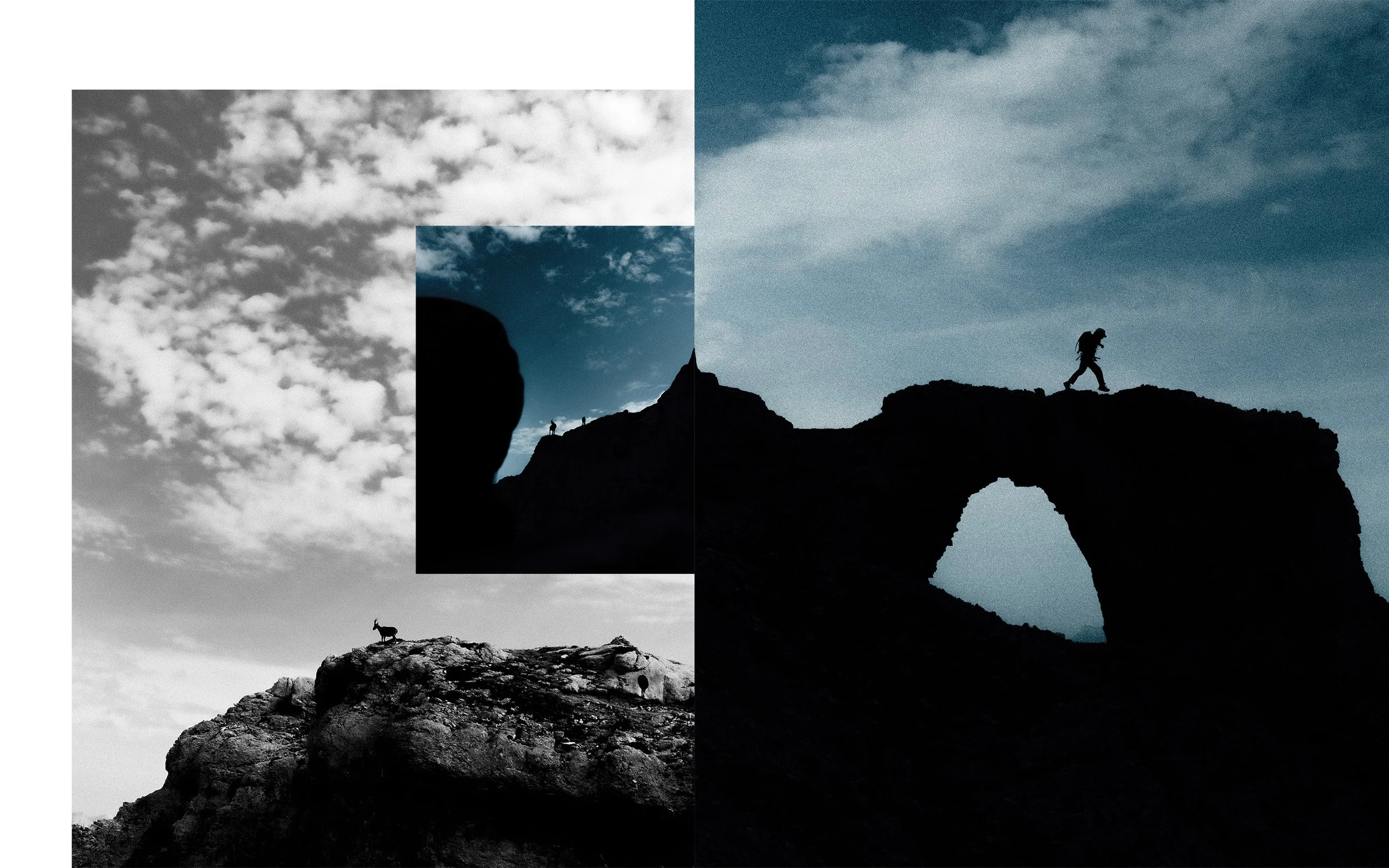 Une photo en noir et blanc et en couleur d'une montagne avec un arc de rochers, une personne marche dessus, et un animal (chien) se trouve au sommet.