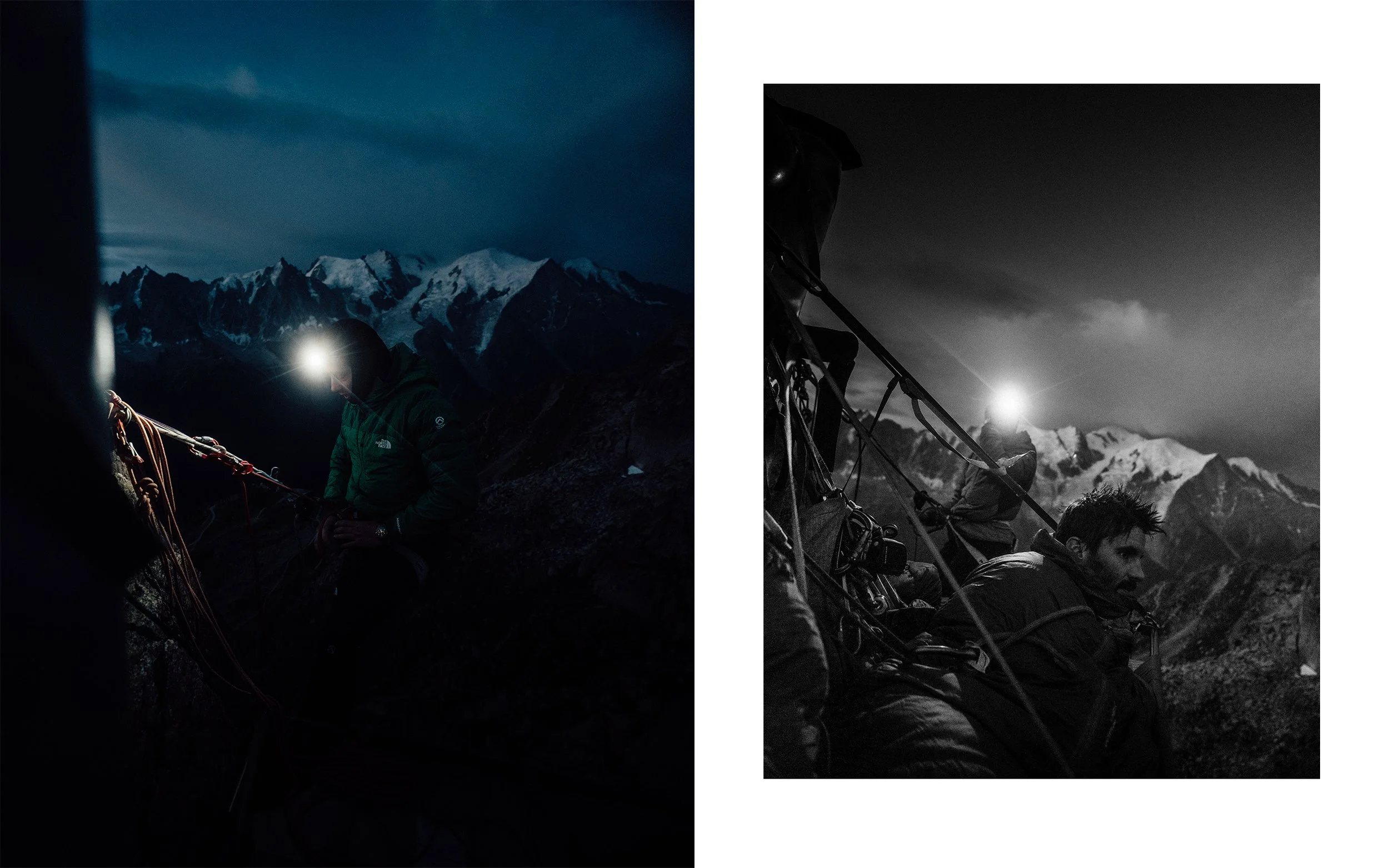 Deux images d'alpinistes en train d'escalader une montagne. La première image est en couleur, prise au crépuscule ou à l'aube, avec des montagnes enneigées en arrière-plan. La deuxième image est en noir et blanc, montrant deux alpinistes utilisant du