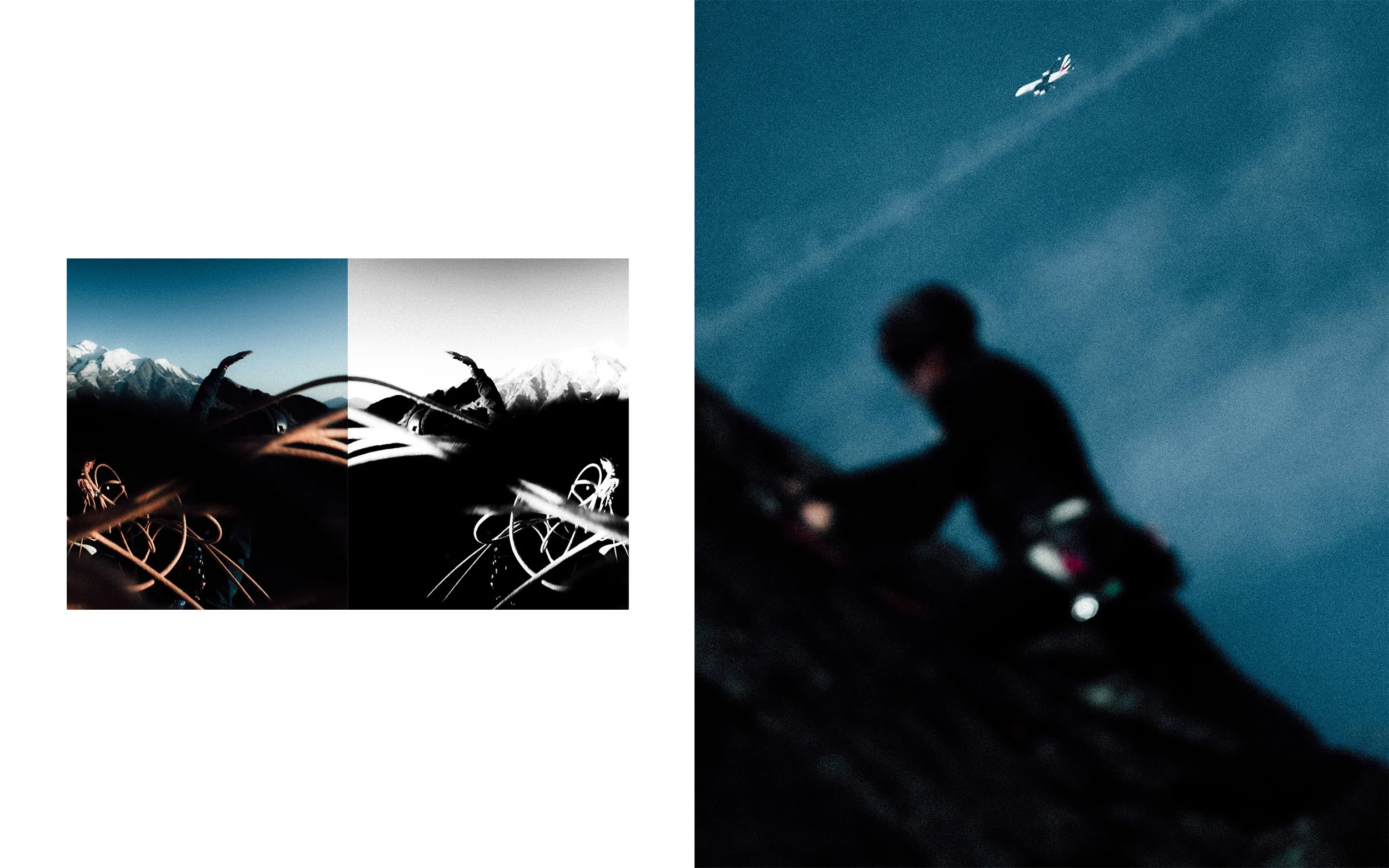 Une personne fait du vélo avec des montagnes enneigées en arrière-plan, tandis qu'un avion vole dans le ciel, et une autre personne est visible dans une moitié floue de l'image.