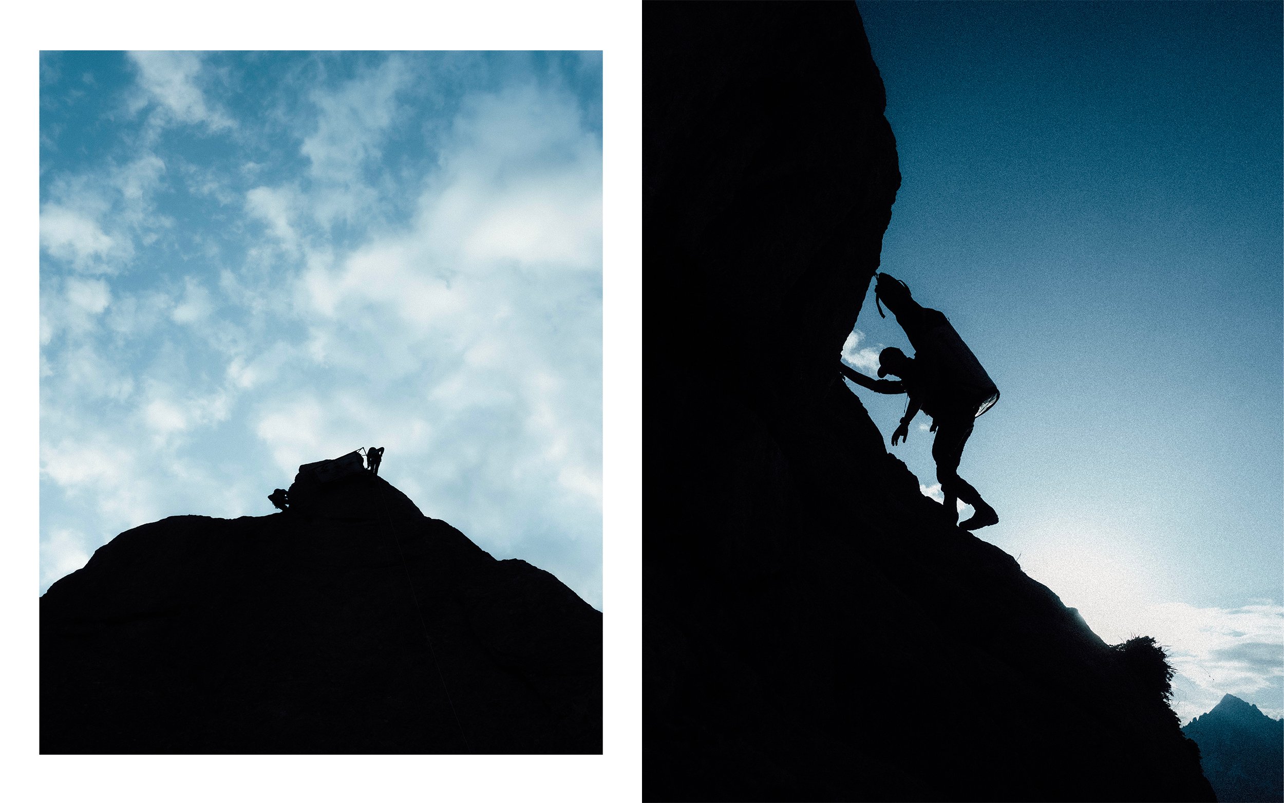 Deux photos de randonneurs escaladant une montagne. Sur la première, silhouette d'un randonneur sur un sommet avec un ciel nuageux en arrière-plan. Sur la deuxième, silhouette d'un randonneur grimpe une paroi rocheuse avec un ciel clair en arrière-pl