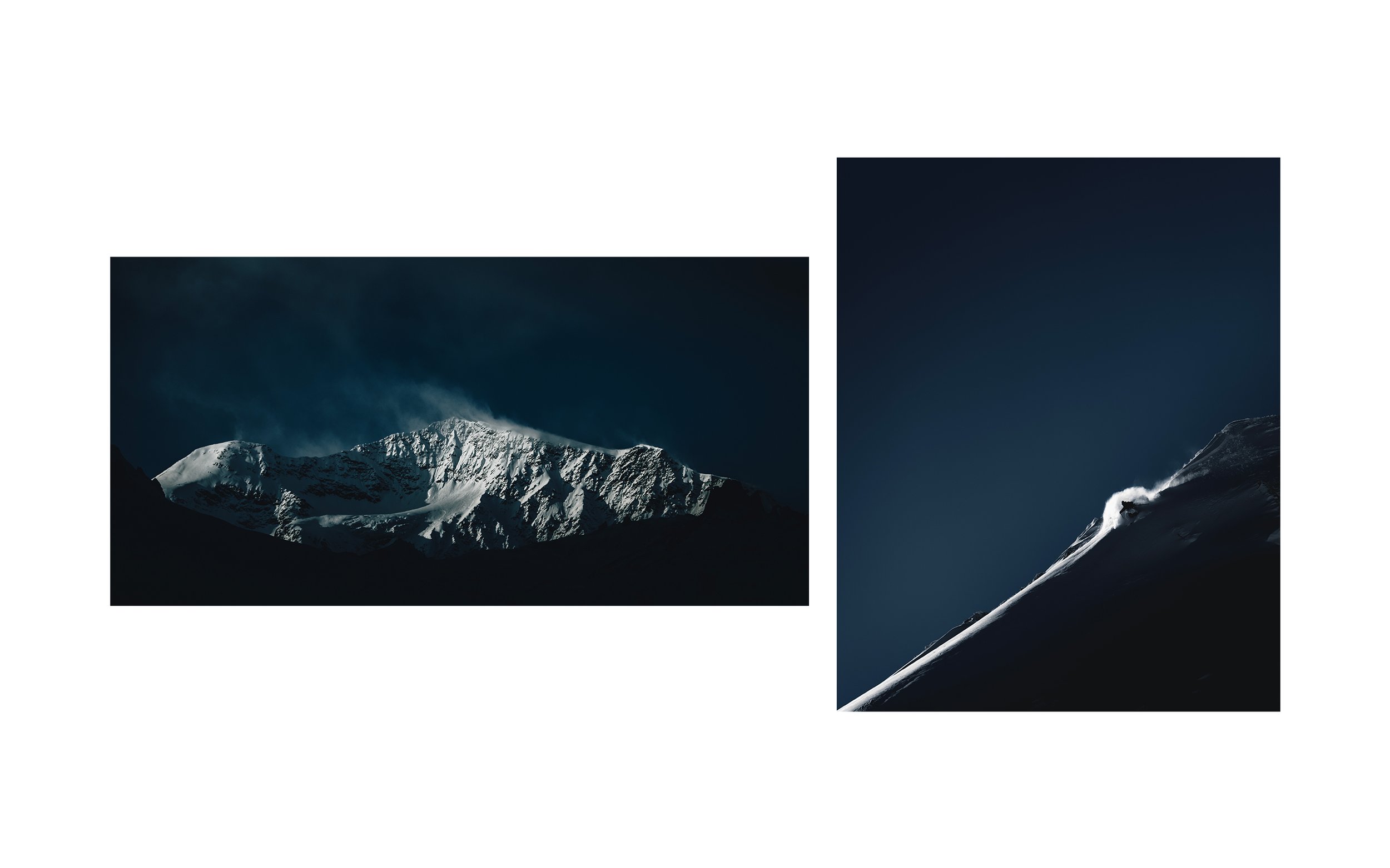 Montagnes enneigées sous un ciel sombre, avec un sommet de montagne en premier plan et un autre en arrière-plan.