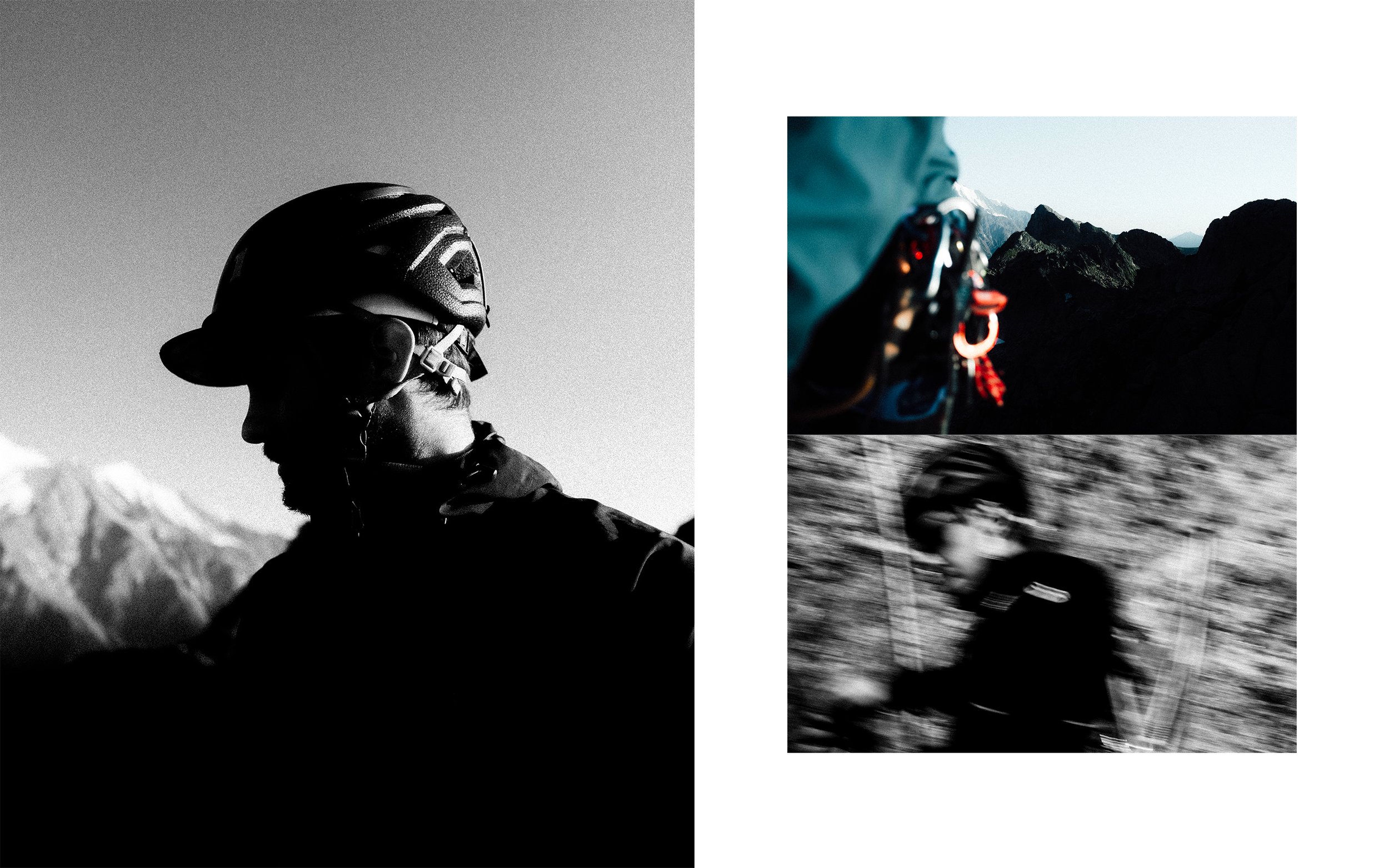 Homme portant un casque de vélo en montagne, photo en noir et blanc, paysage montagneux en arrière-plan.