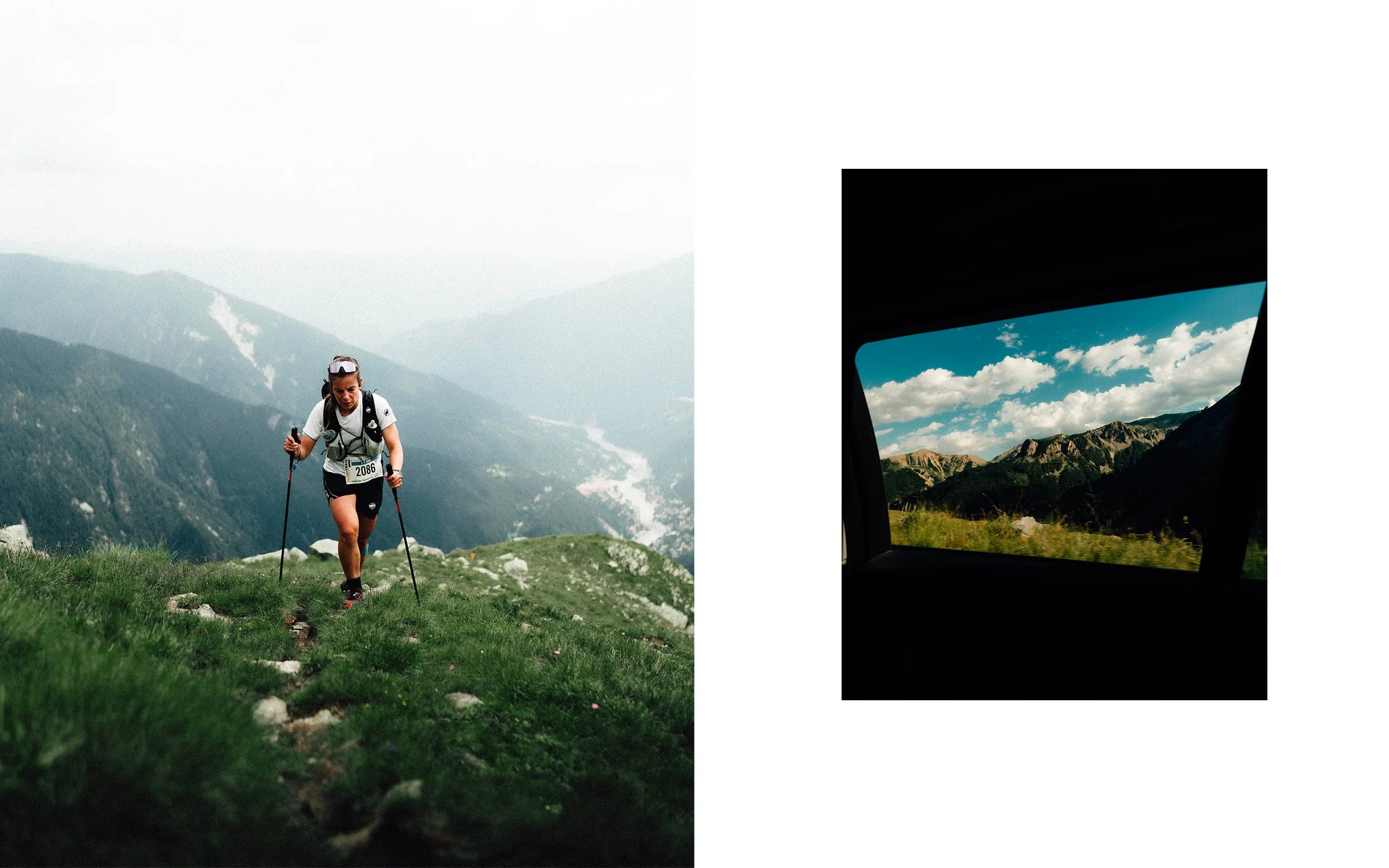 Une femme faisant de la randonnée en montagne, vue depuis l'extérieur, et une vue depuis l'intérieur d'un véhicule montrant un paysage de montagnes et de ciel bleu avec des nuages.