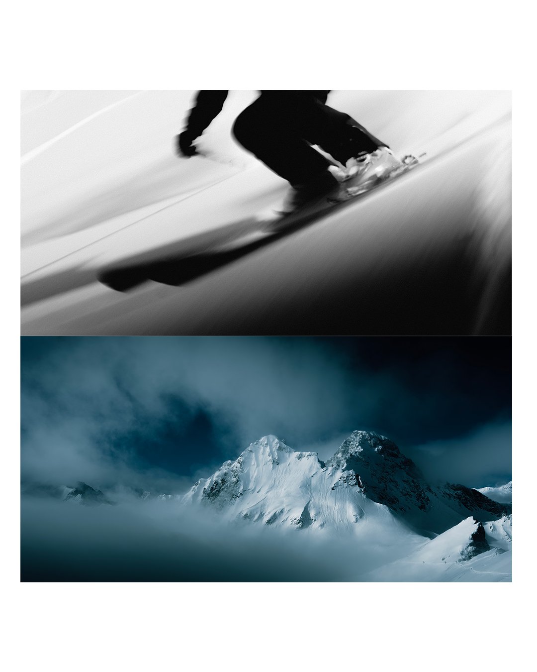 Un skieur descendant une pente enneigée en noir et blanc, puis une vue panoramique d'une chaîne de montagnes enneigées sous un ciel nuageux.