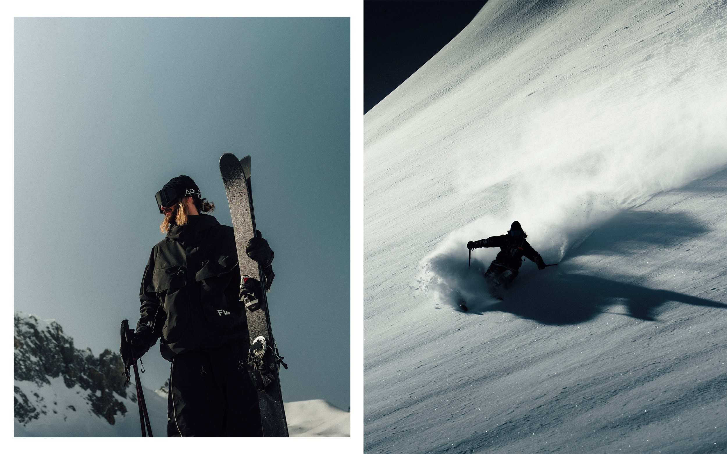 Côte à l'air libre avec deux skieurs, un debout portant des skis et un en train de skier à grande vitesse dans la neige.