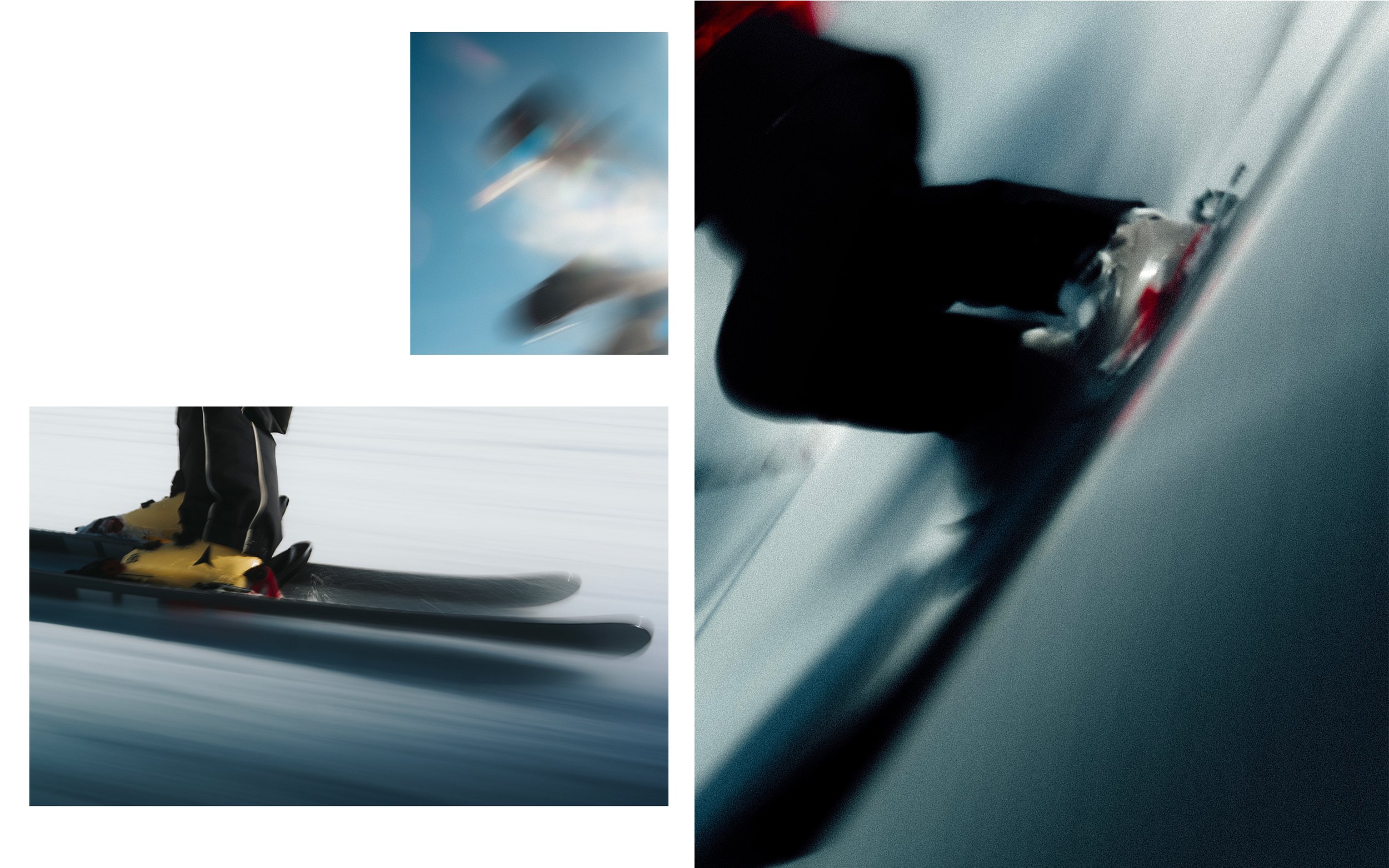 Trois images d'activités extrêmes : une personne sautant en parachute, une personne skier à grande vitesse, et une personne skiant avec un snowboard.