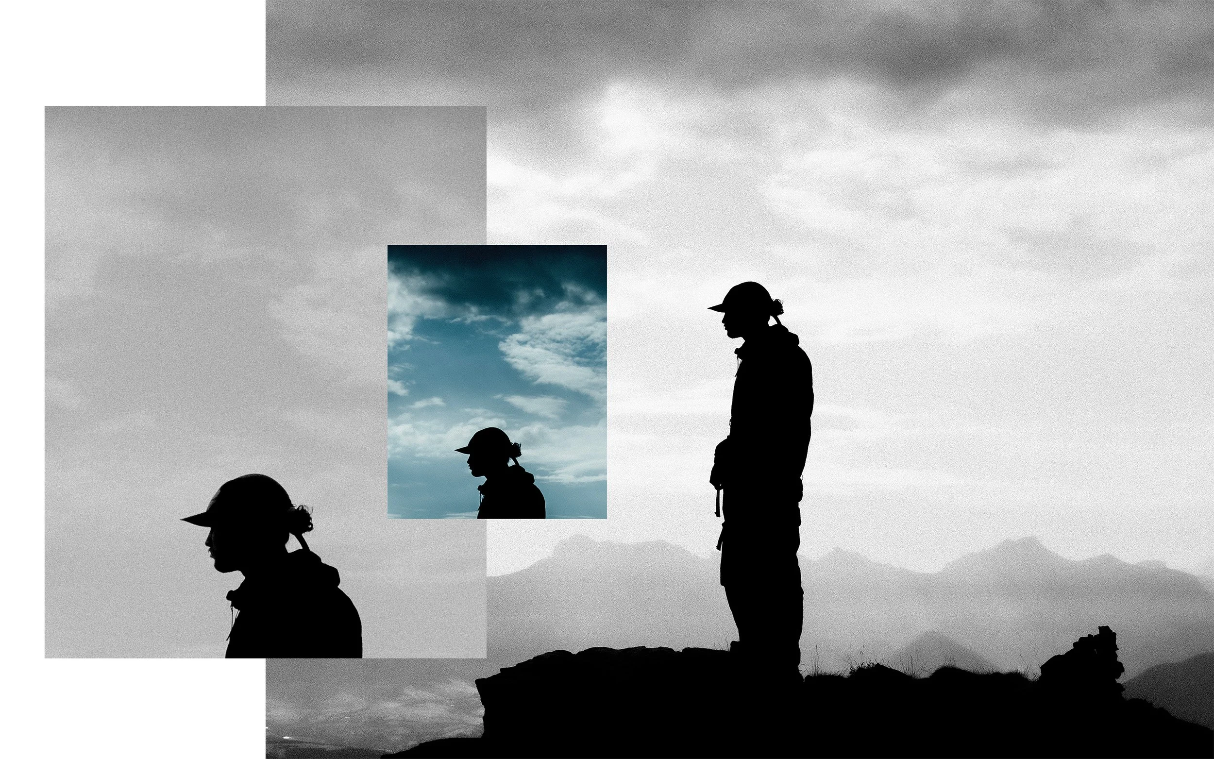 Silhouette d'une personne portant un chapeau, debout sur une falaise, avec un ciel nuageux en arrière-plan.